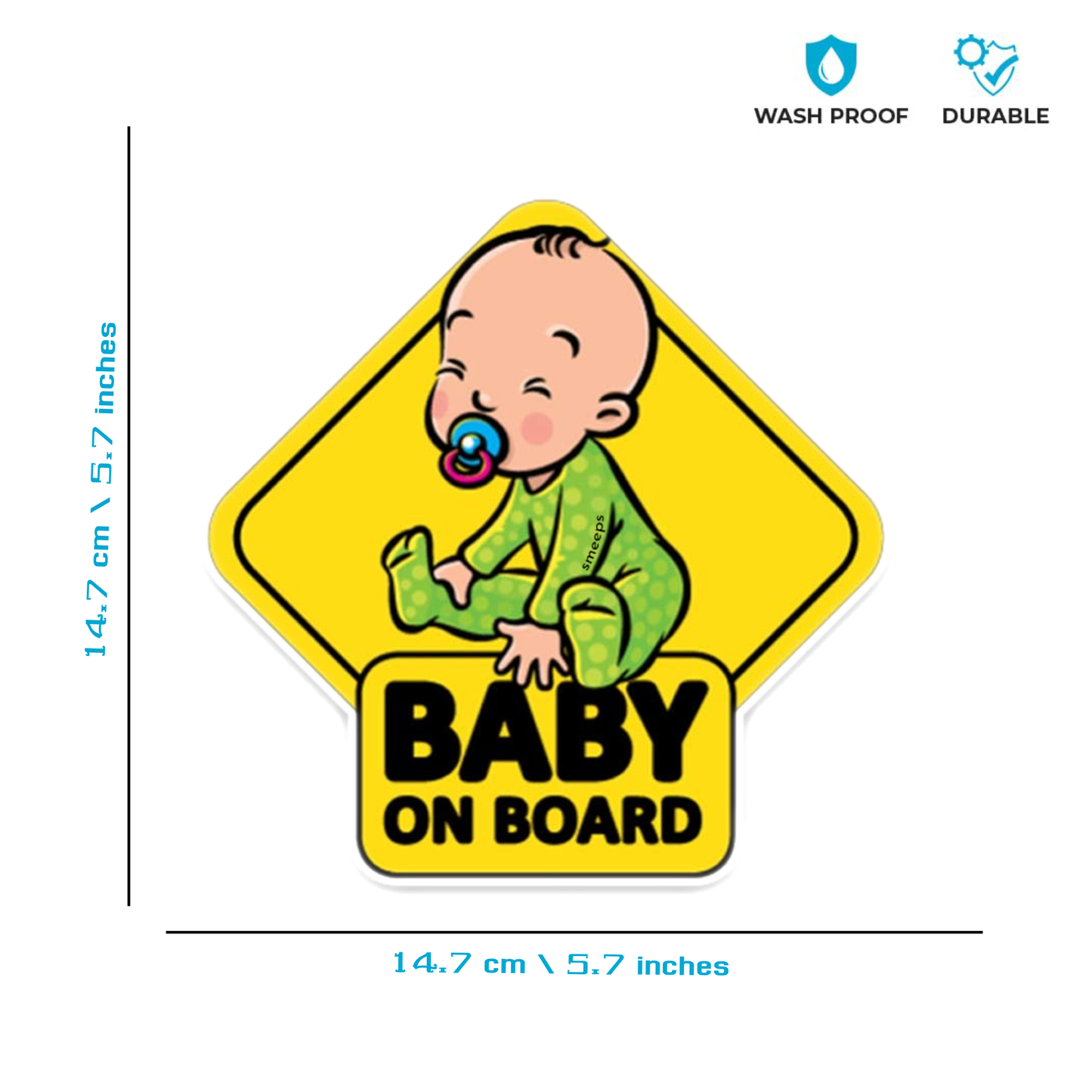 Smeeps Baby on Board Car Sticker, 14.7 x 14.7 cm Diamond Shape – Smiling Baby in Green Pajamas, Waterproof Safety Sign for Vehicles