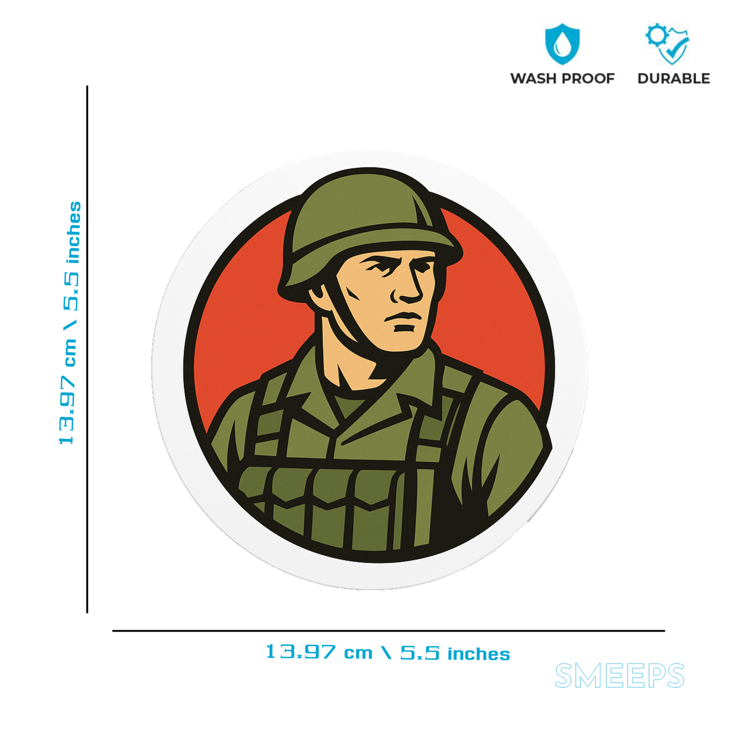 Military Man Circle Sticker – 13.97 x 13.97 cm | Bold Soldier Design for Cars, Bikes | Waterproof & Durable