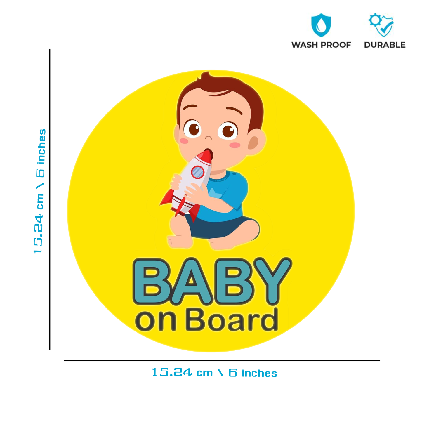 Smeeps Baby on Board Sticker – 15.24 cm Round | Cute Baby with Rocket Toy Design | Waterproof Car Safety Sign