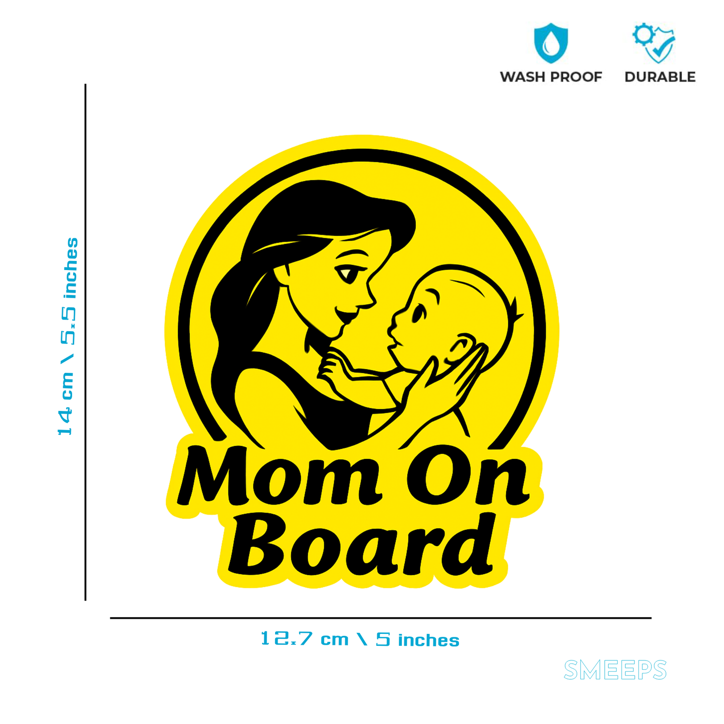 Smeeps Mom on Board Car Sticker – 14 x 12.7 cm Yellow & Black Safety Alert Decal for Cars
