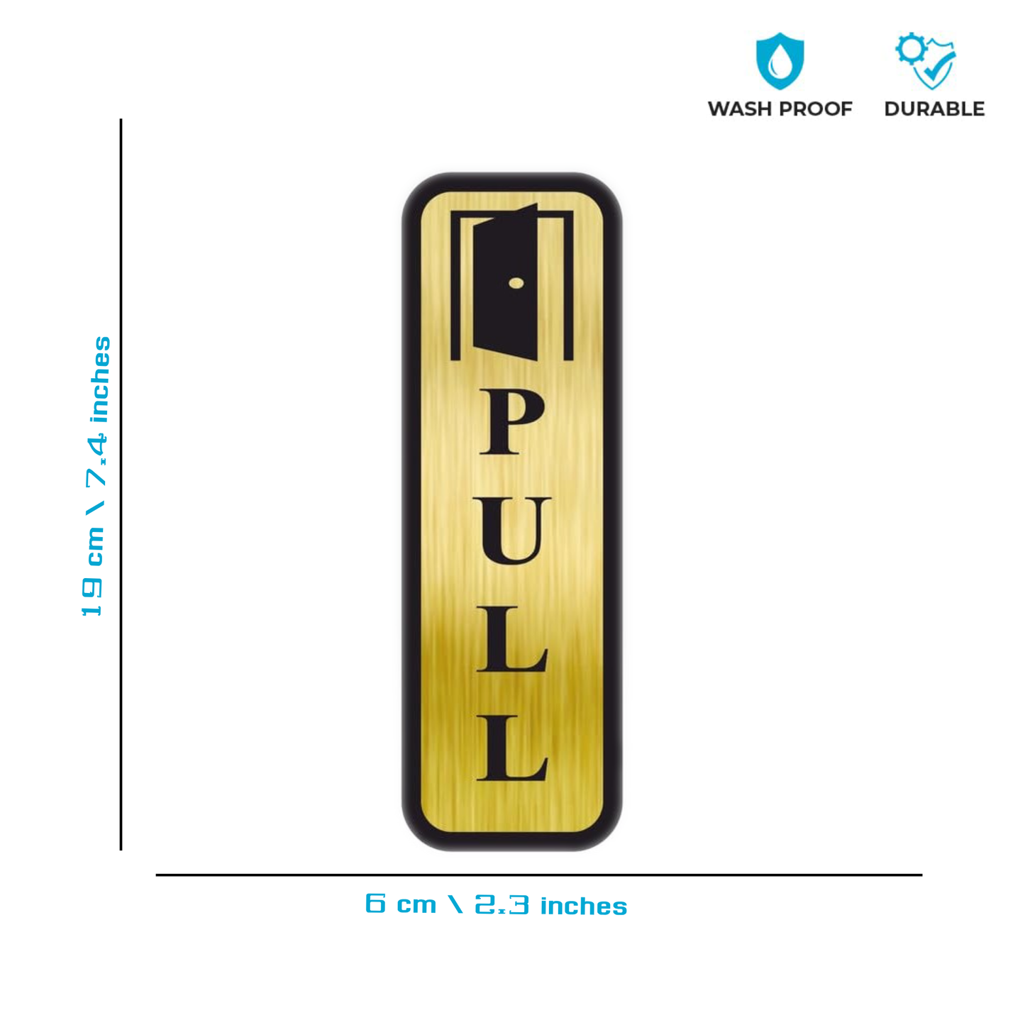 Smeeps Vertical “PULL” Door Sign – 19x6 cm | Elegant Gold Finish with Black Text & Door Icon | Adhesive Sticker for Glass, Metal & Wood Surfaces | Perfect for Office, Shops & Hotels