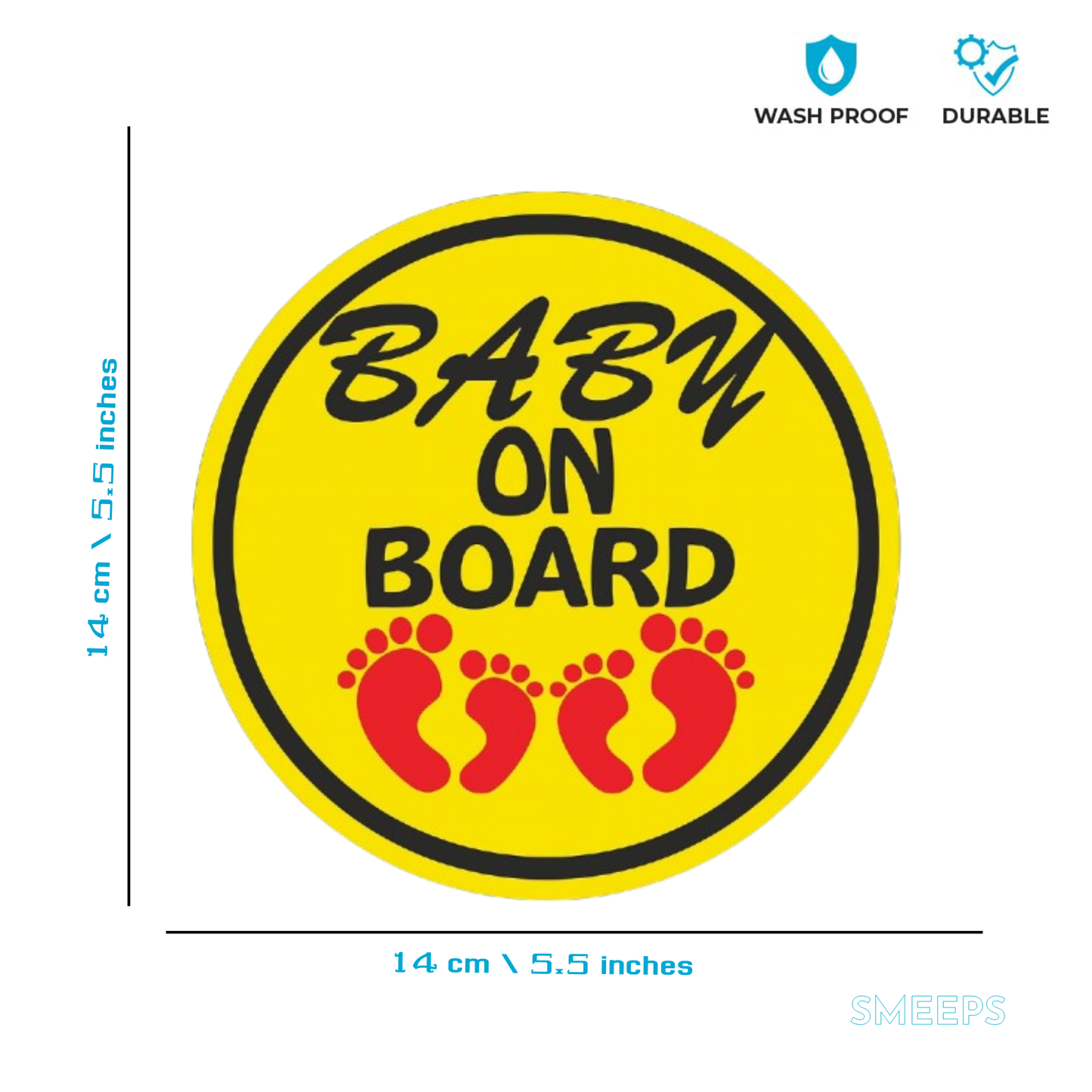 Smeeps Baby On Board Sticker – 14 x 14 cm Round Design with Red Baby Footprints | Bright Yellow Car Safety Sign | Waterproof & Fade Resistant Vinyl