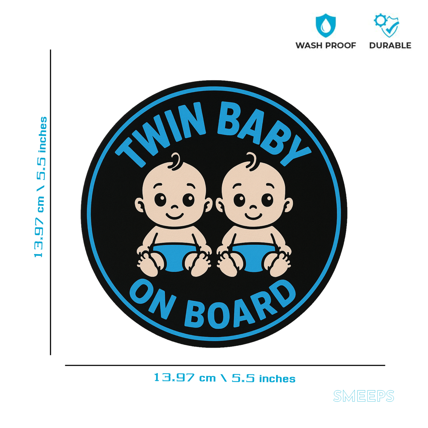 Smeeps Twin Baby on Board Sticker – 13.97 x 13.97 cm | Cute Cartoon Style Twins in Blue | Car Safety Sign for Boys