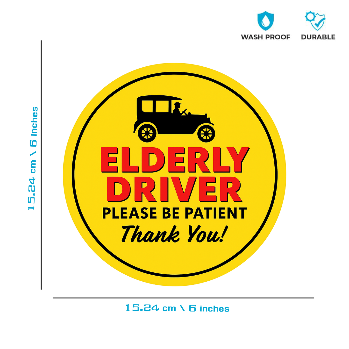 Smeeps Elderly Driver Please Be Patient Sticker – 15.24 cm Round | Bold Vintage Car Design | Yellow, Red & Black Safety Sign