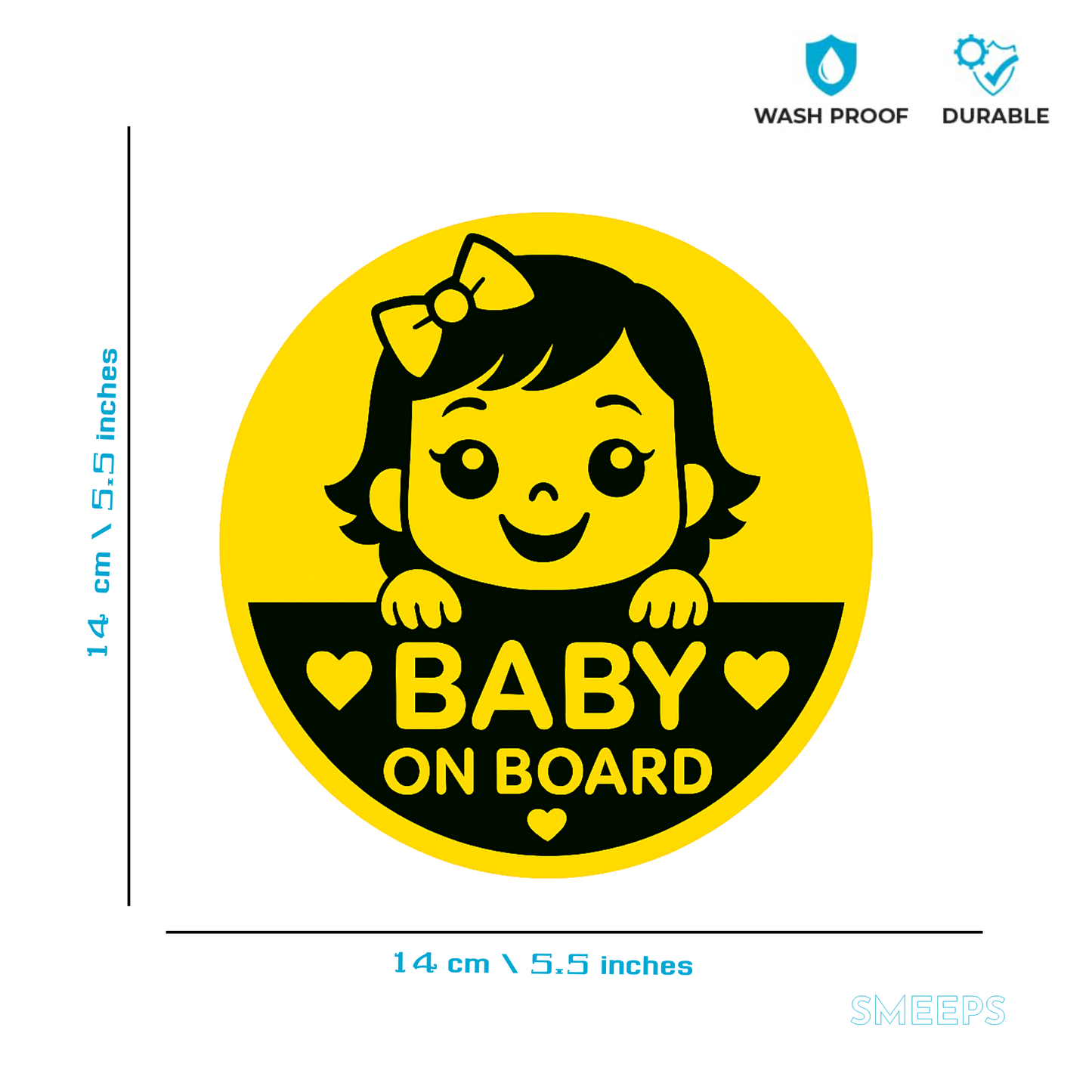 Smeeps Baby on Board Car Sticker – 14 x 14 cm Round Safety Alert Decal for Cars – Yellow & Black