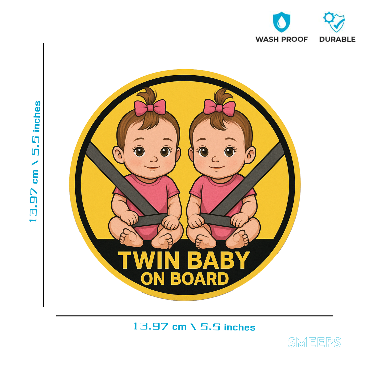 Smeeps Twin Baby on Board Sticker – 13.97 x 13.97 cm | Cute Safety Sign for Girls with Seatbelt Design