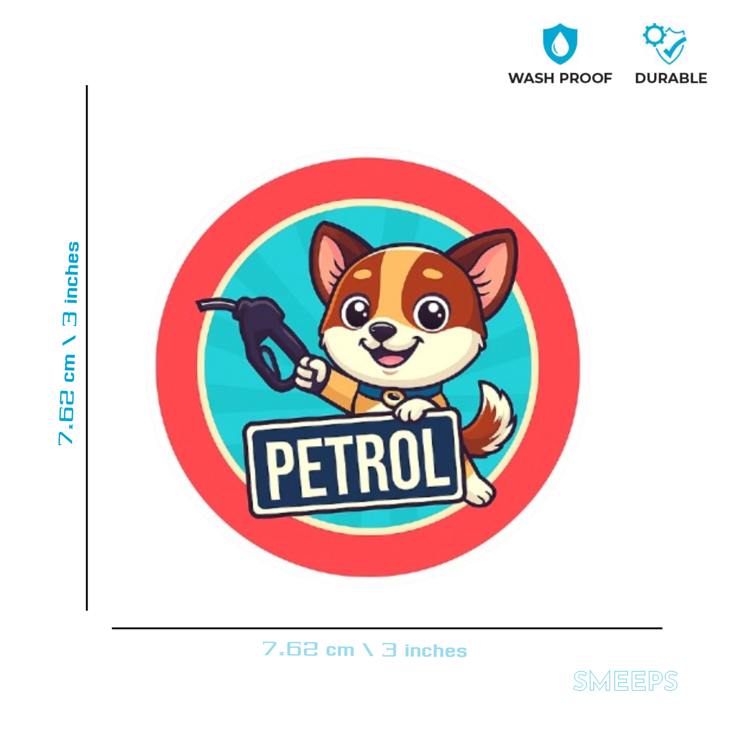 Smeeps Petrol Fuel Sticker – 7.62 x 7.62 cm | Cute Dog Cartoon with Nozzle for Car Fuel Cap Indicator