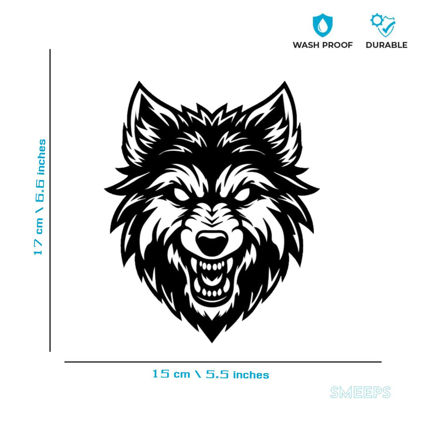 Smeeps Wolf Head Sticker – 14 x 17 cm | Bold Black & White Tribal Design | Fierce Animal Graphic for Cars