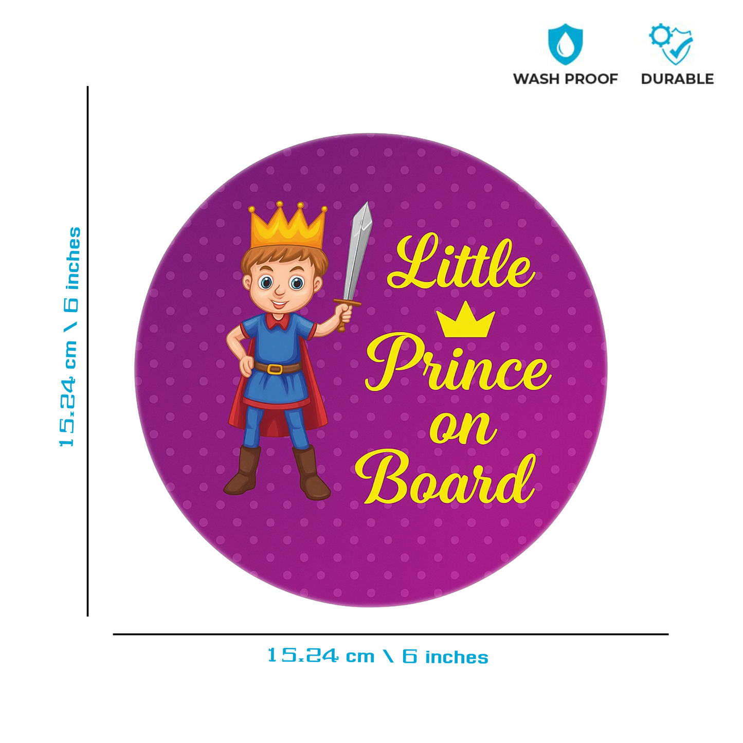Smeeps Little Prince On Board Sticker – 15.24 cm Round | Cute Cartoon Prince with Sword & Crown | Purple Polka Dot Safety Sign for Cars