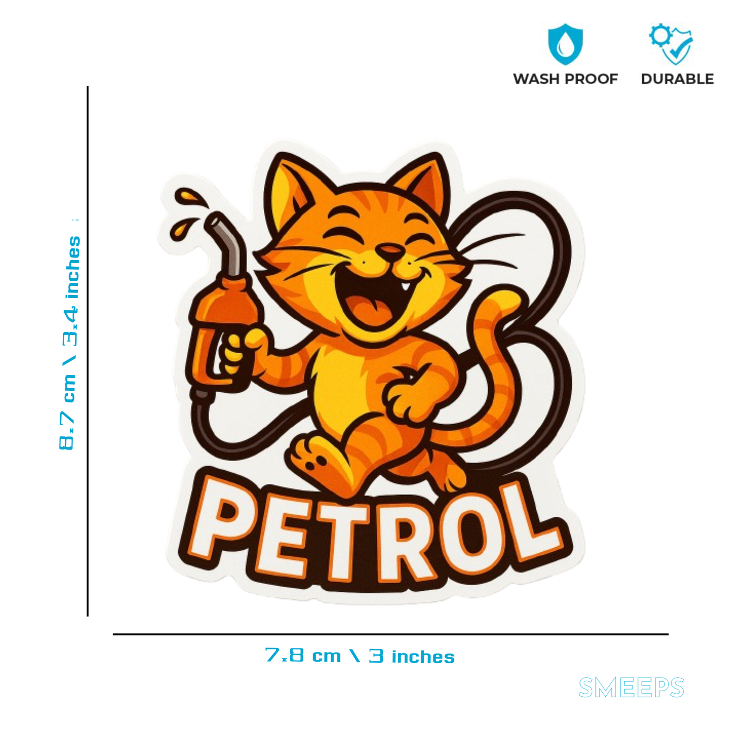 Smeeps Laughing Petrol Cat Sticker – 8.7 x 7.8 cm Playful Fuel-Themed Car Decal with Cartoon Cat & Nozzle | Waterproof Vinyl for Petrol Vehicles Only