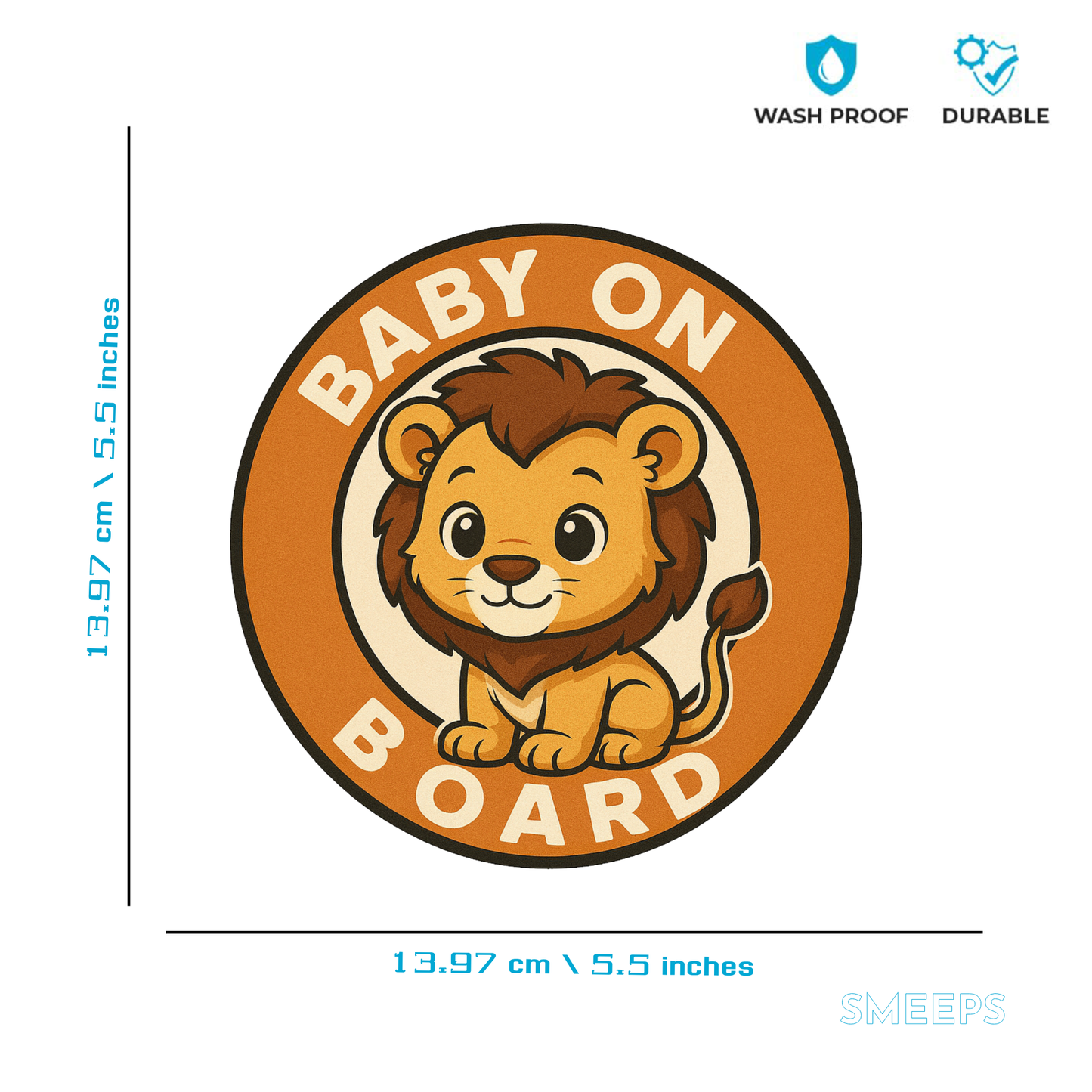 Smeeps “Baby On Board” Car Sticker – Cute Lion Design – 13.97 x 13.97 cm | Round Animal Safety Sign for Cars