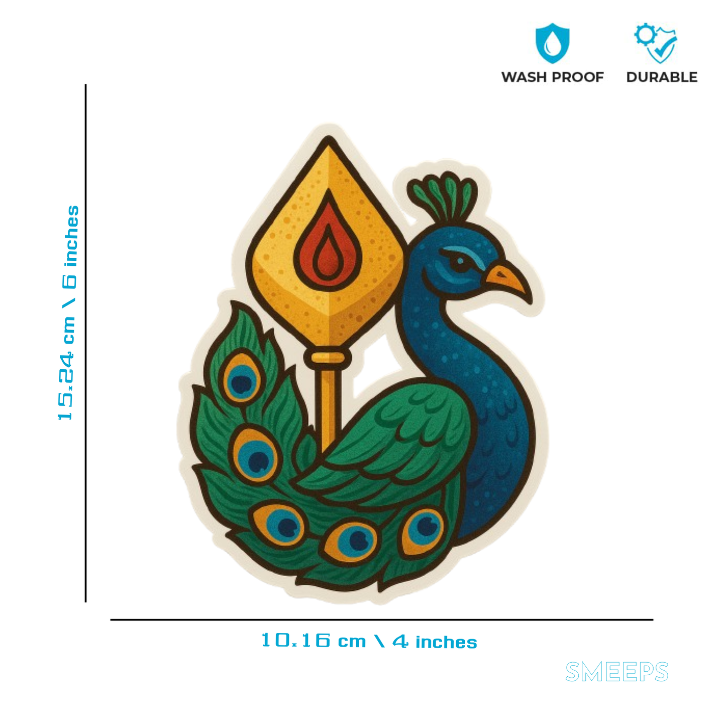 Smeeps Peacock with Vel – Lord Murugan Symbol Sticker | 15.24 x 11.43 cm | Divine Vinyl Decal for Car