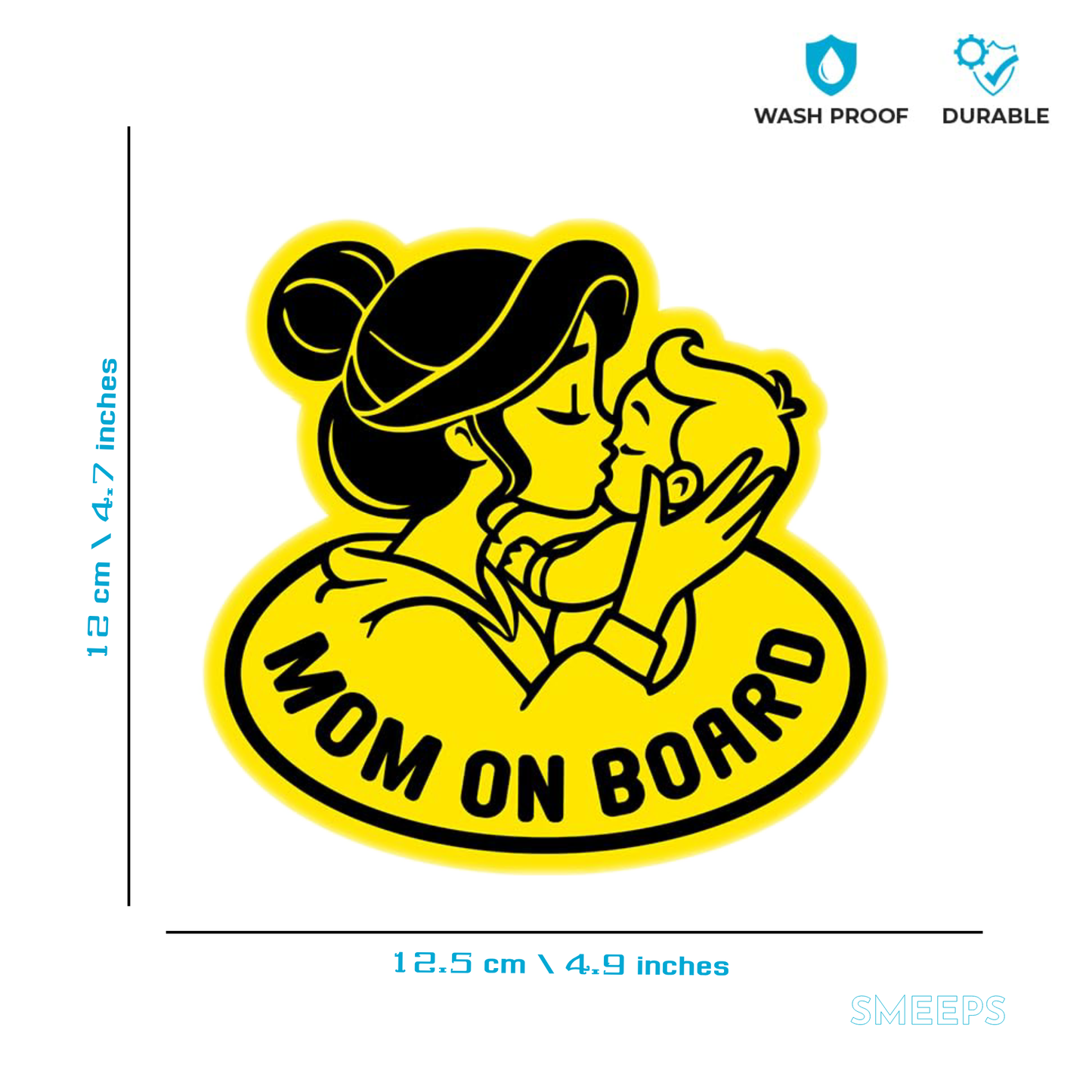Smeeps Mom On Board Sticker – 12.5 x 12 cm Oval Kiss Design | Loving Mother & Baby Graphic | Bright Yellow, Waterproof, Durable