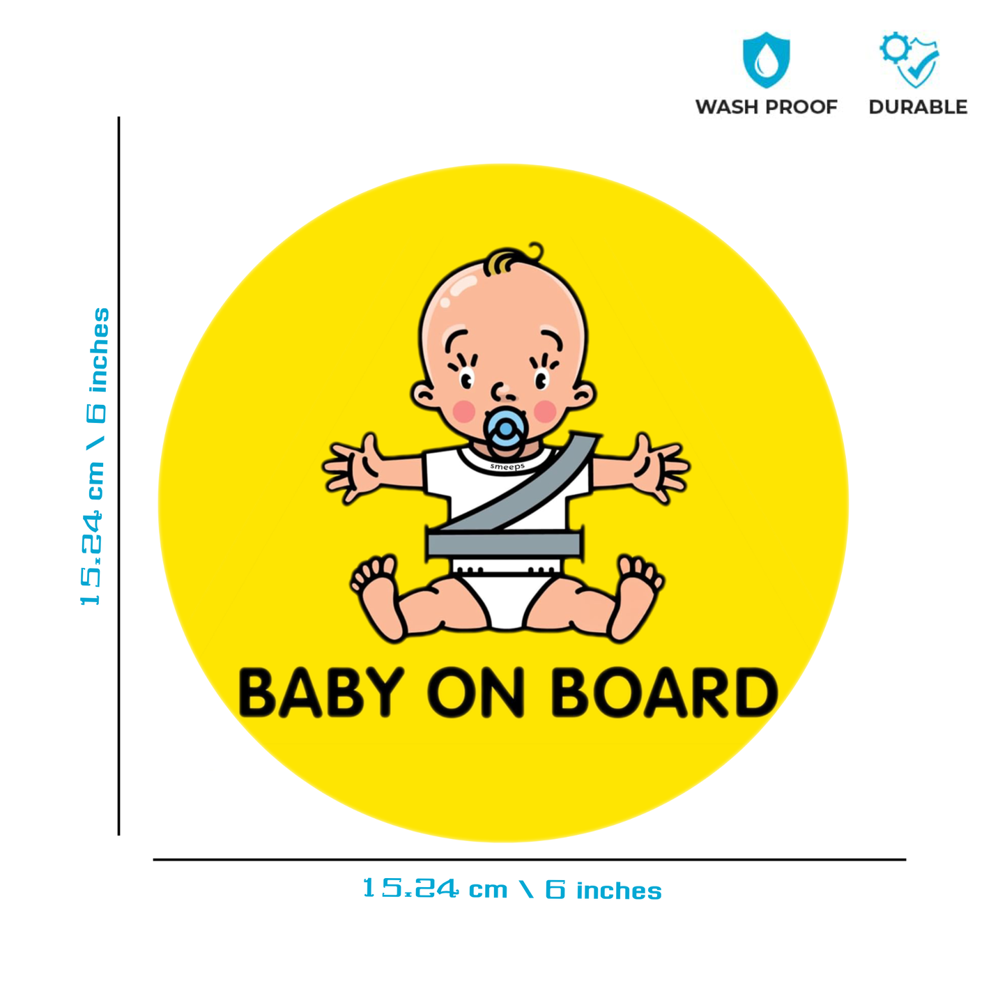Smeeps Baby on Board Sticker – 15.24 cm Round | Cute Pacifier Baby Design | Yellow & Black Waterproof Car Safety Sign