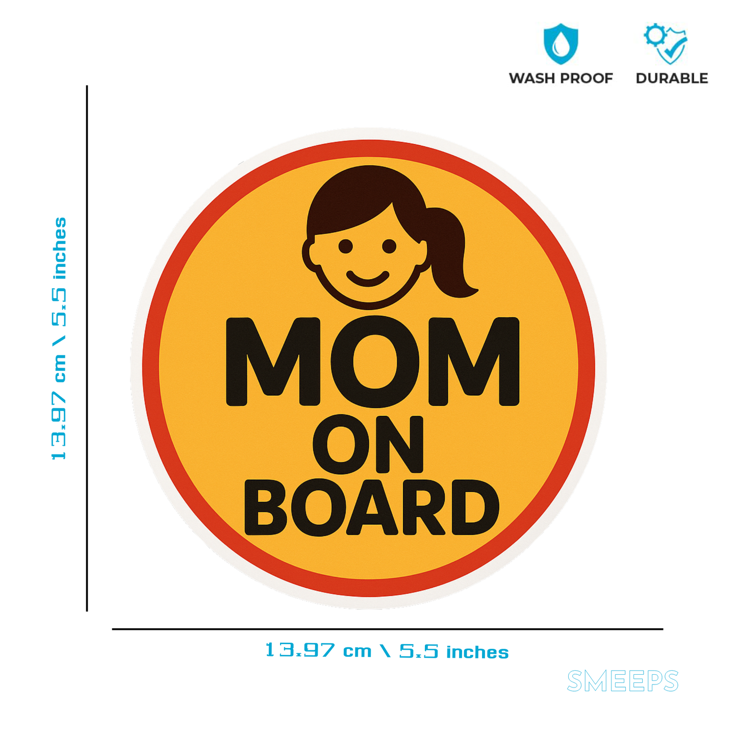 Smeeps “Mom On Board” Car Sticker – Cute Yellow Design with Red Border – 13.97 x 13.97 cm | Safety Awareness for Mothers, Waterproof & Durable