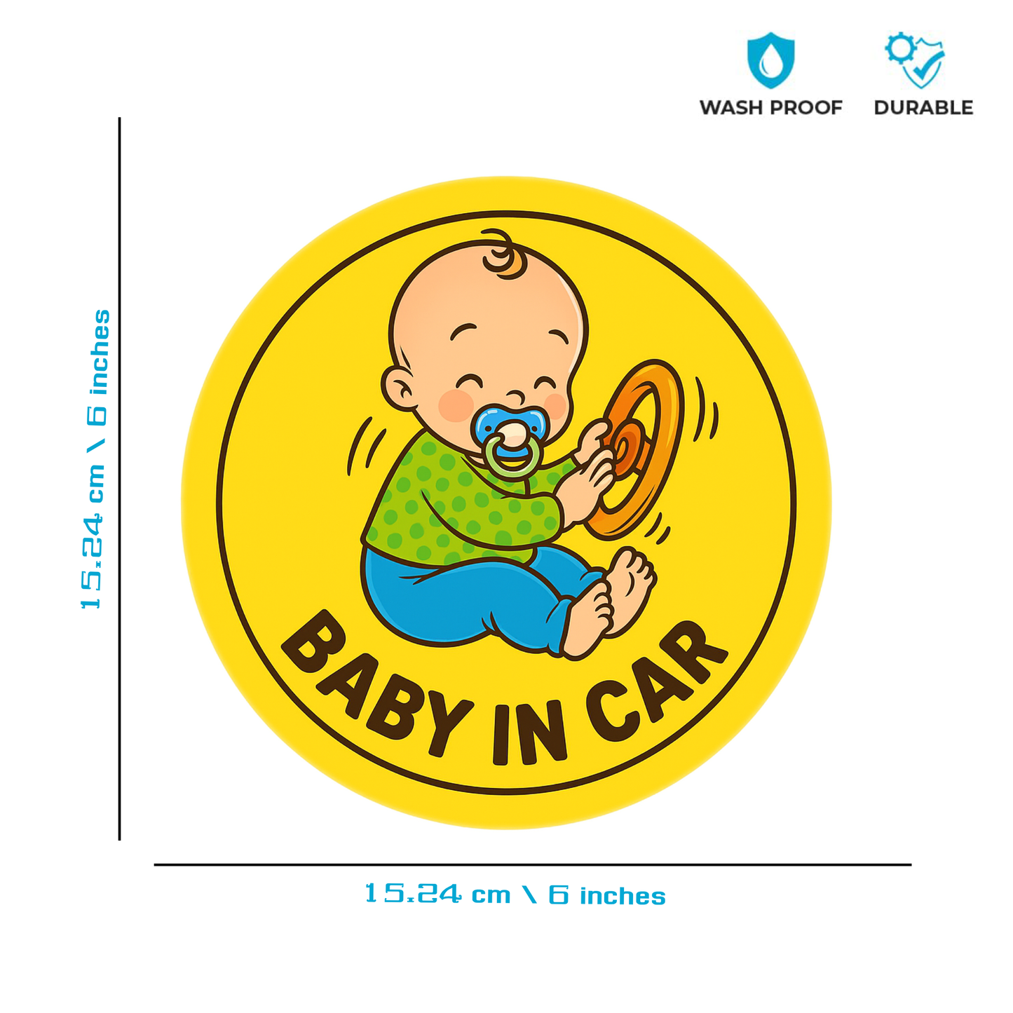 Smeeps Baby in Car Sticker – 15.24 cm Round | Funny Cartoon Baby with Steering Wheel | Bold Safety Sign for Vehicles