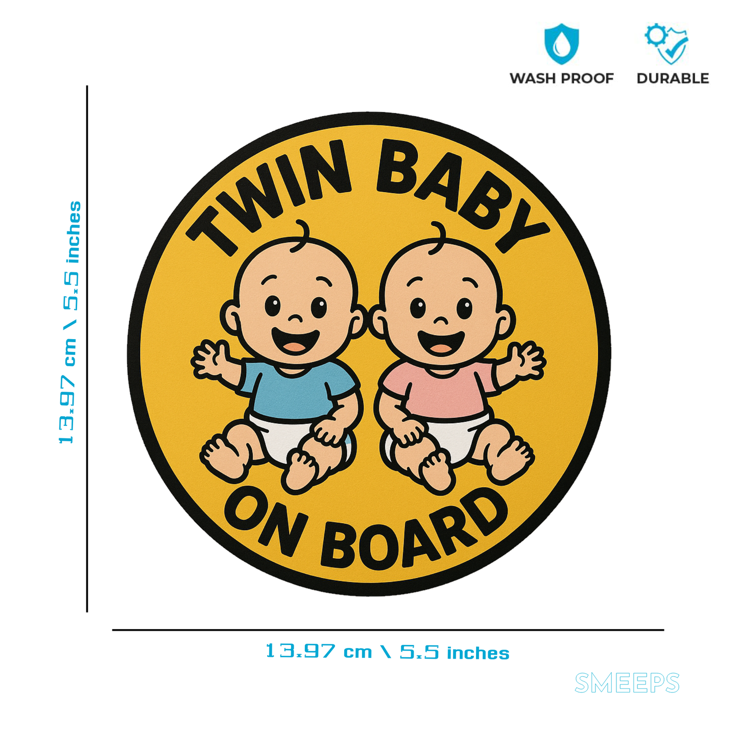 Smeeps Twin Baby On Board Sticker – 13.97 x 13.97 cm | Cute Safety Sign for Cars | Waterproof & Durable