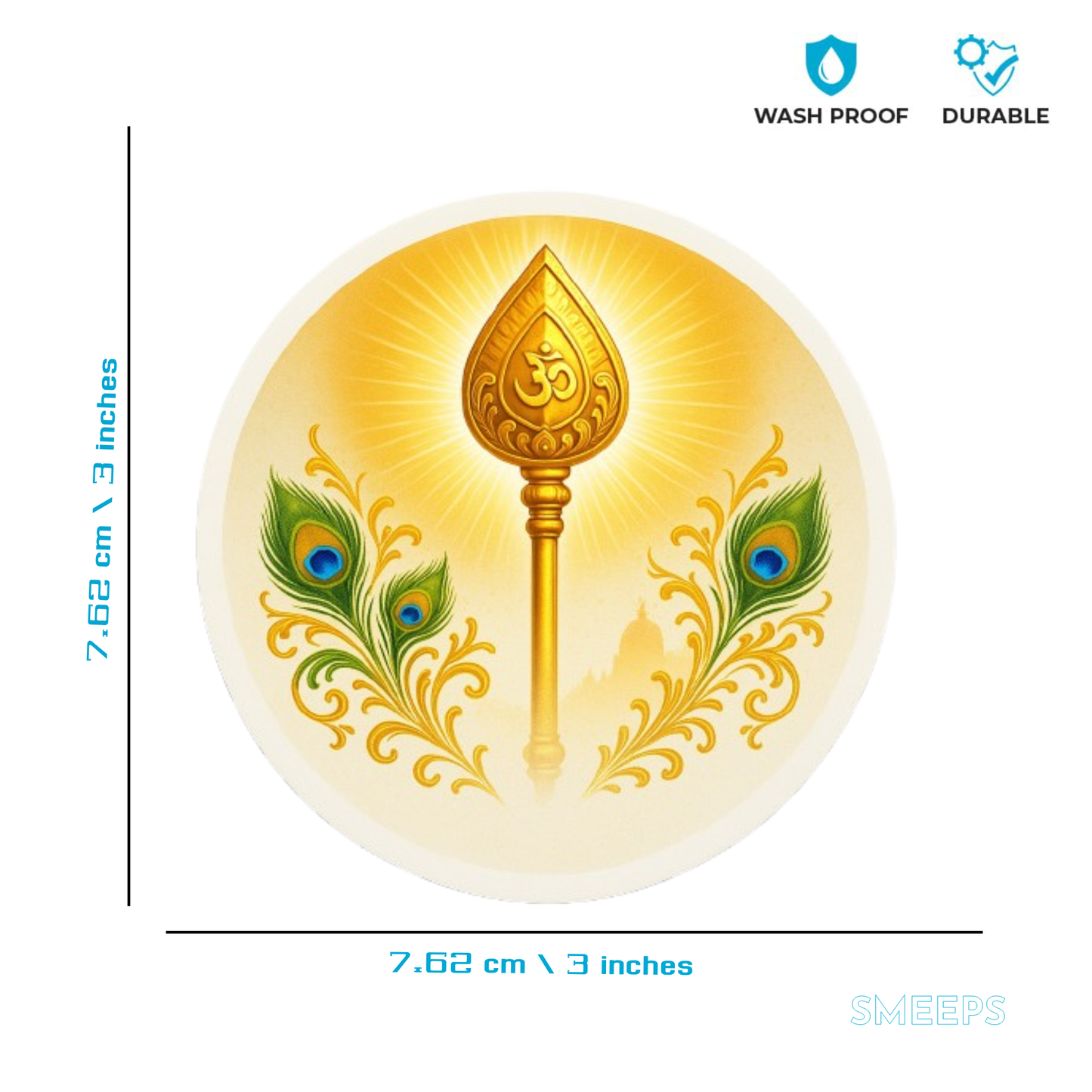 Smeeps Golden Vel with Om Symbol & Peacock Feathers Sticker | 7.62 x 7.62 cm | For Car & Bike
