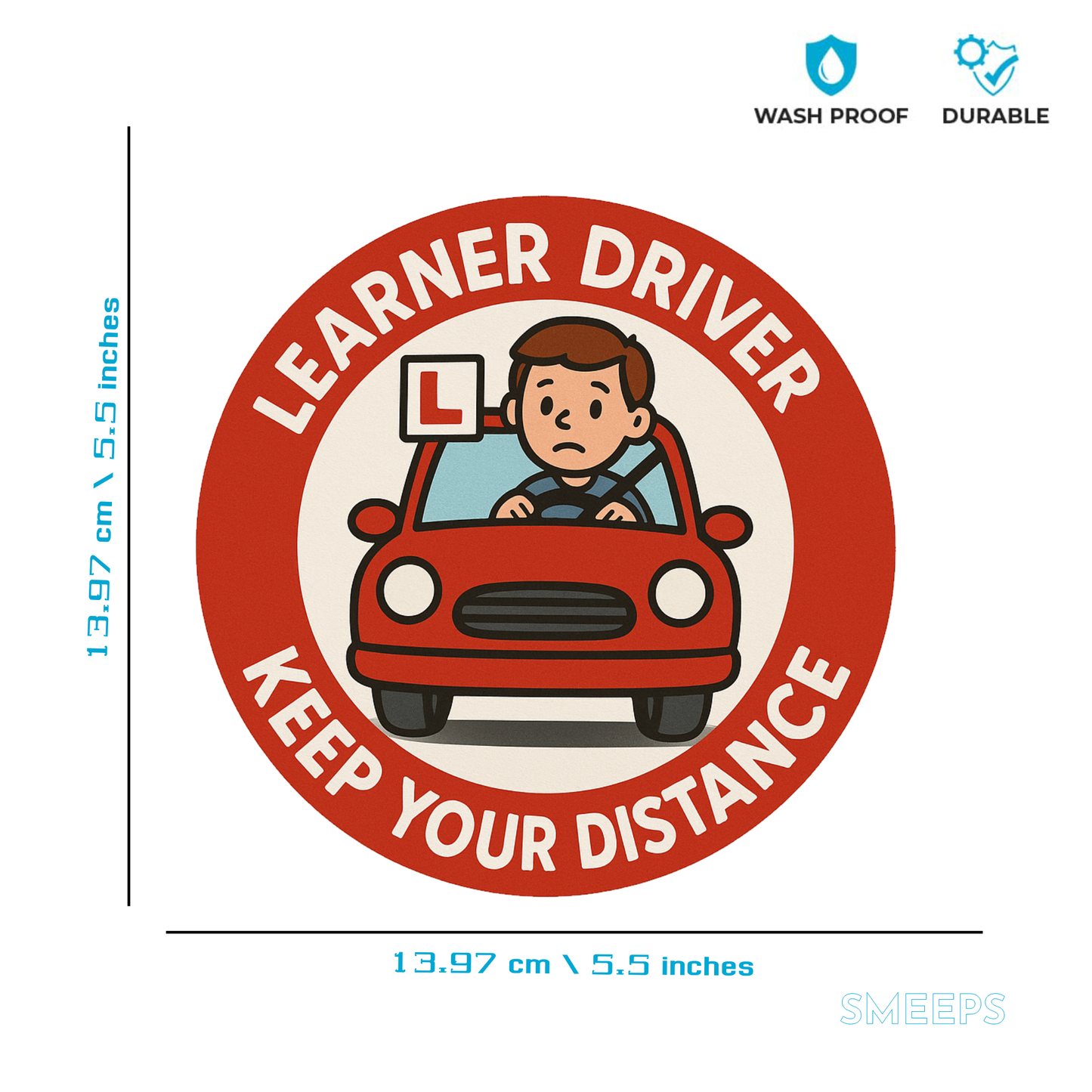 Smeeps Learner Driver Car Sticker – “Keep Your Distance” Red Circle Design – 13.97 x 13.97 cm | Ideal for New Drivers, Waterproof & Durable