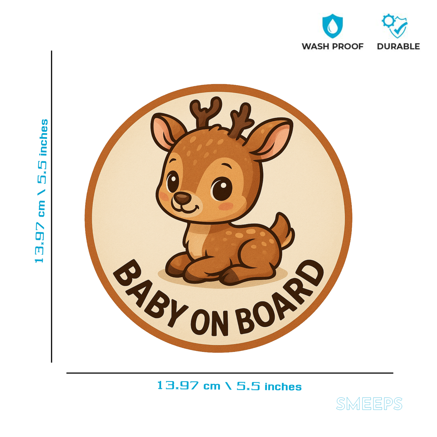 Smeeps Baby On Board Sticker – 13.97 x 13.97 cm Round | Cute Baby Deer Design | Soft Beige Waterproof Car Safety Sign