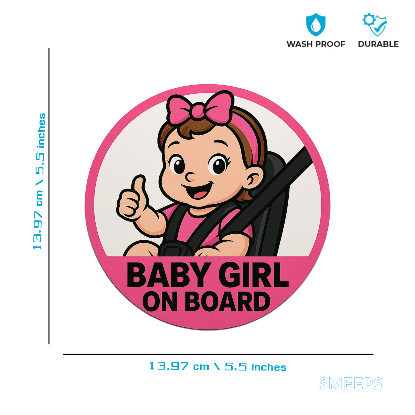 Smeeps “Baby Girl On Board” Car Sticker – Pink Edition – 13.97 x 13.97 cm | Round Safety Sign with Cute Cartoon in Car Seat