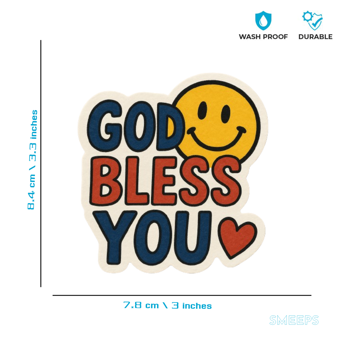Smeeps “God Bless You” Sticker – 8.4 x 7.8 cm Cute Smiley & Heart Car Decal | Waterproof & Fade-Resistant