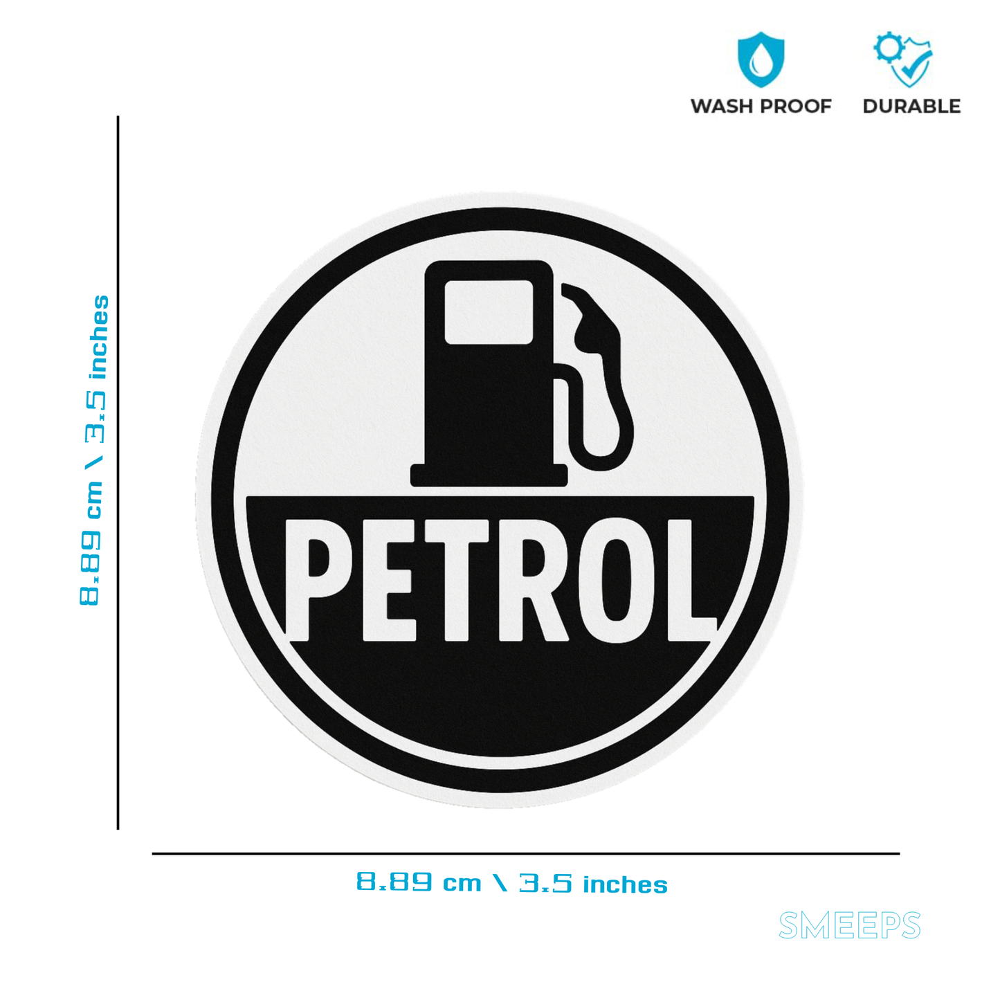 Smeeps Petrol Sticker – 8.89 x 8.89 cm Monochrome Fuel Pump Icon | Minimalist Petrol Reminder Decal | Waterproof & Durable Vinyl