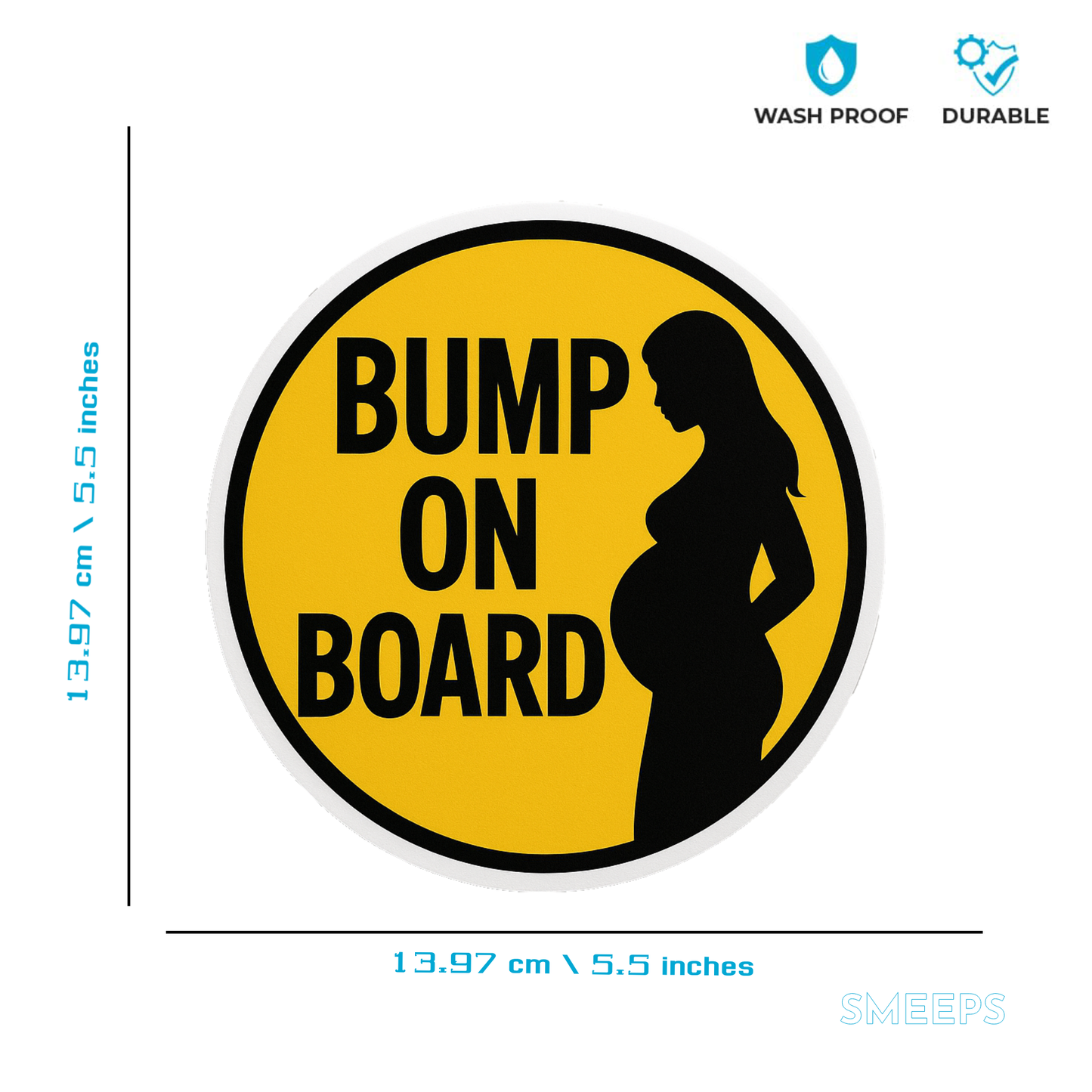 Smeeps “Bump On Board” Car Sticker – Bold Yellow & Black Design – 13.97 x 13.97 cm | Pregnancy Safety Sign, Waterproof & Easy to Apply