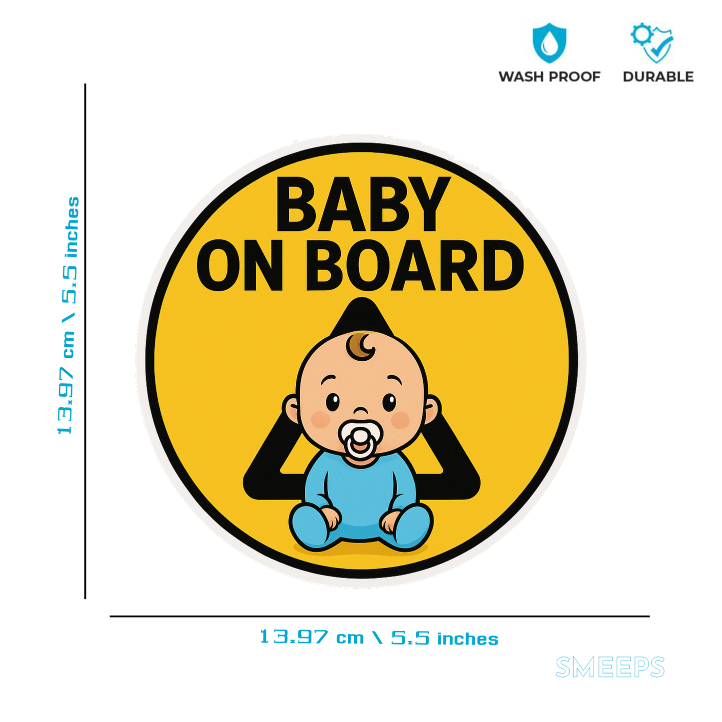 Smeeps Baby On Board Sticker – 13.97 x 13.97 cm Round | Cute Blue Baby Design with Pacifier | Bright Yellow Car Safety Sign