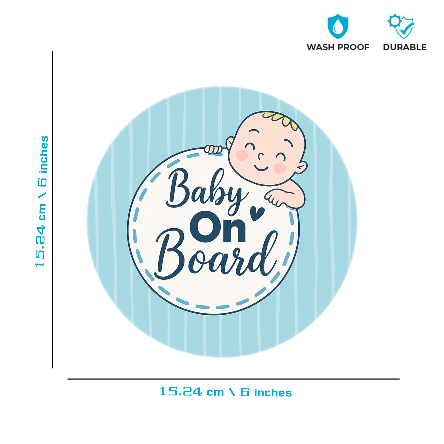 Smeeps Baby on Board Sticker – 15.24 cm Round | Soft Blue Pastel Design with Smiling Baby | Waterproof Car Safety Sign
