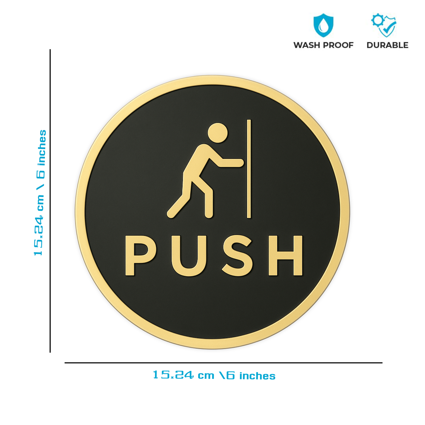 Smeeps “PUSH” Door Sign – Round 15.24 cm | Black & Gold Finish | Self-Adhesive | Waterproof & Durable | Ideal for Office, Restaurant, and Retail Entrances