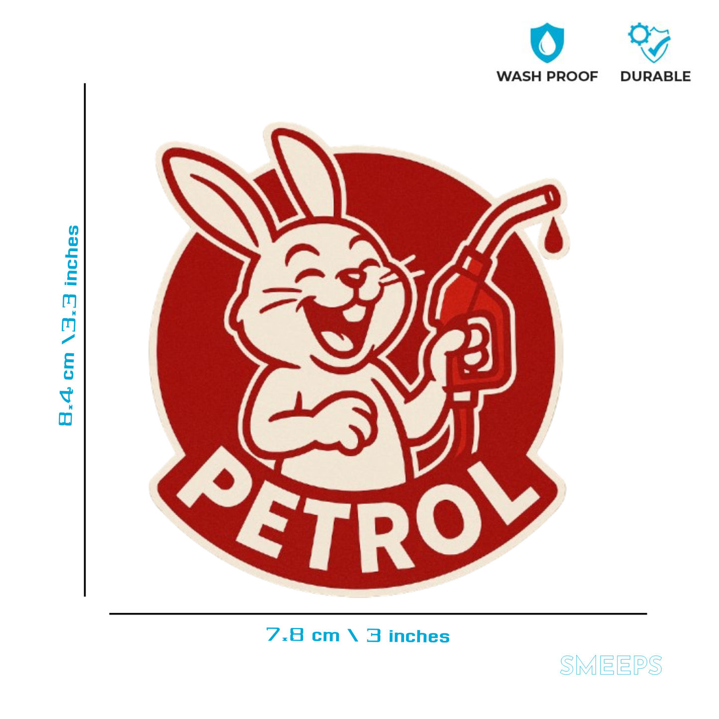 Smeeps Petrol Bunny Sticker – 8.4 x 7.8 cm Funny Car Decal with Retro Rabbit & Fuel Pump | Bold Red Design for Automotive Use Only