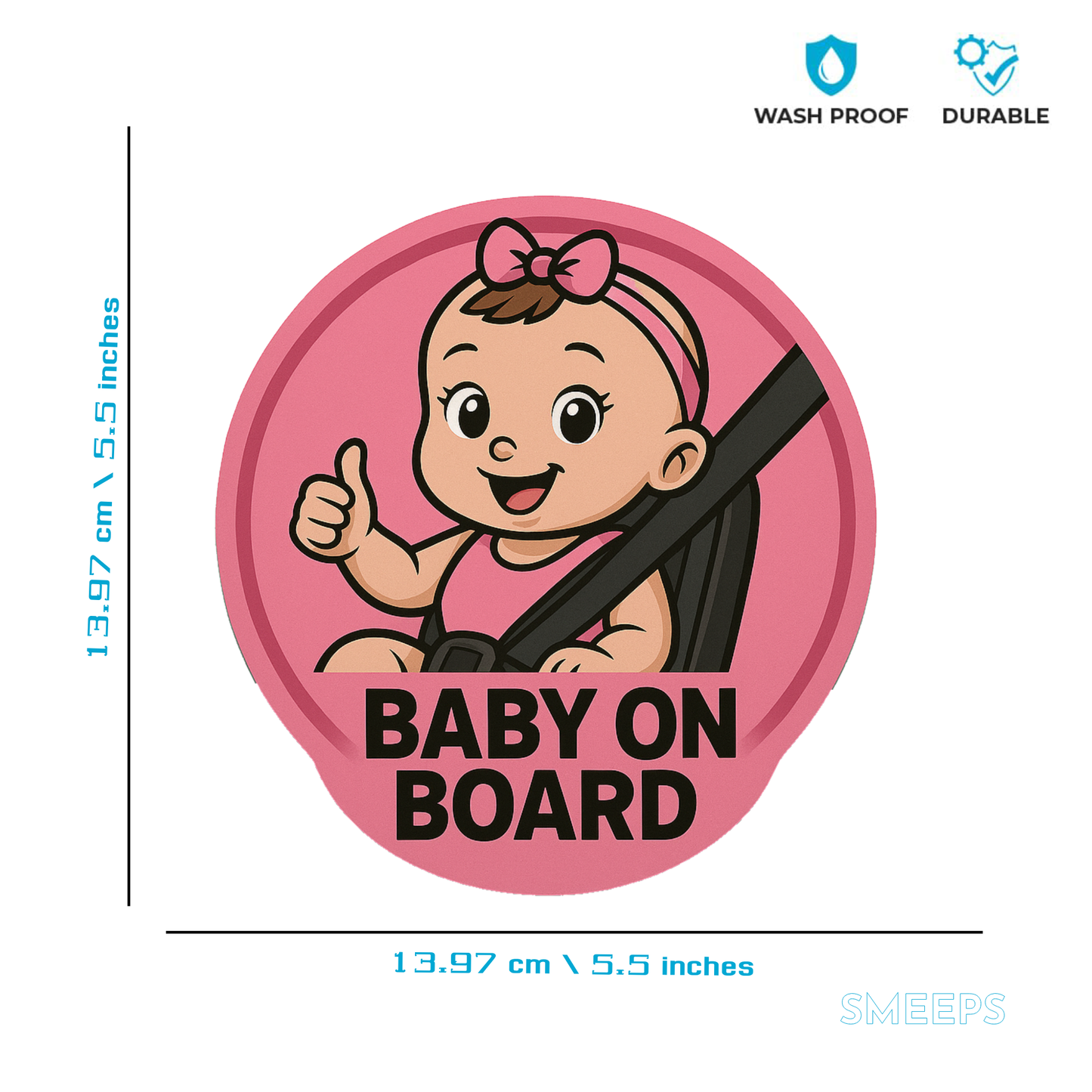 Smeeps Baby On Board Sticker – 13.97 x 13.97 cm Round | Cute Baby Girl in Car Seat with Thumbs-Up | Waterproof Pink Car Safety Sign