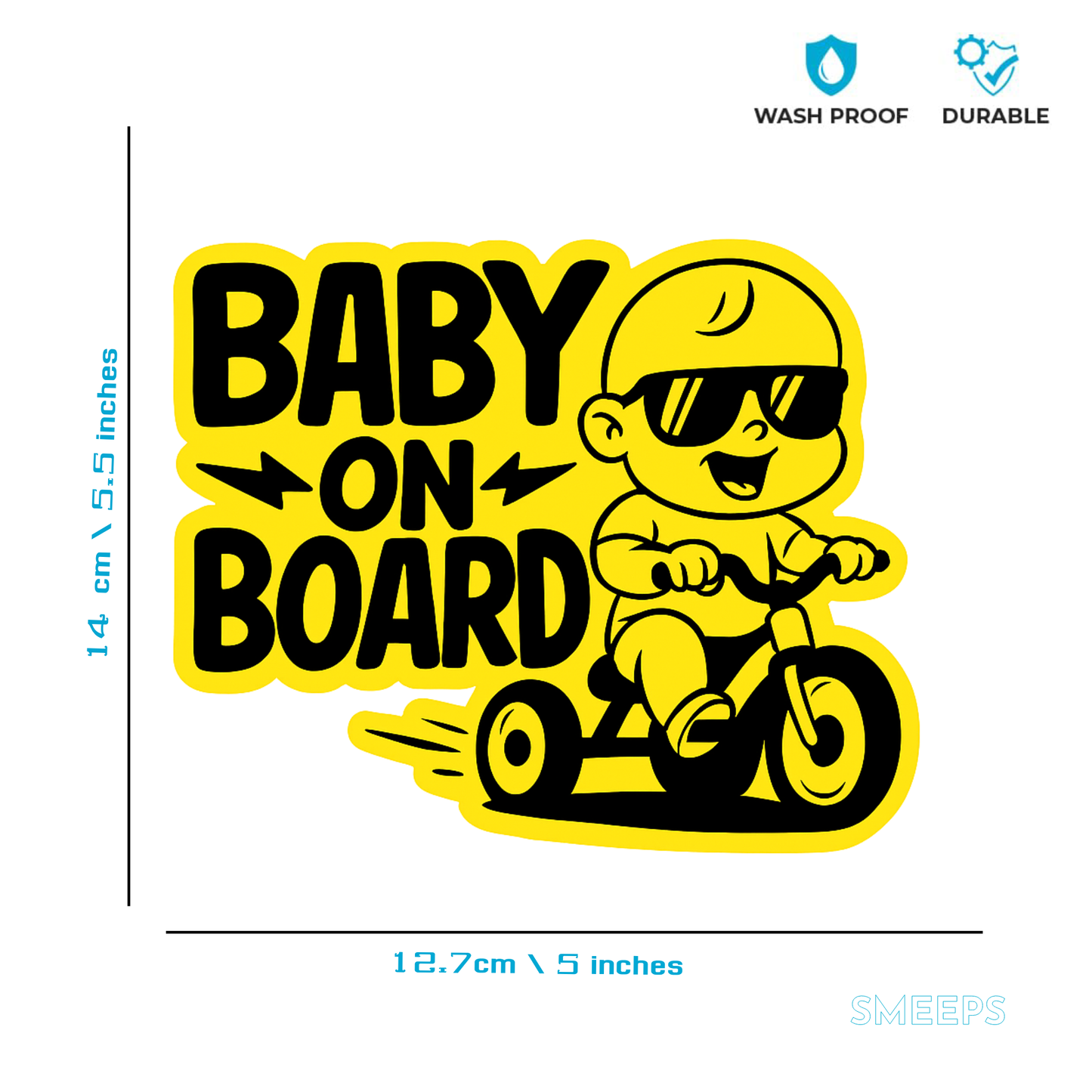 Smeeps Baby on Board Car Sticker – 14 x 12.7 cm Tricycle Theme Safety Decal – Yellow & Black