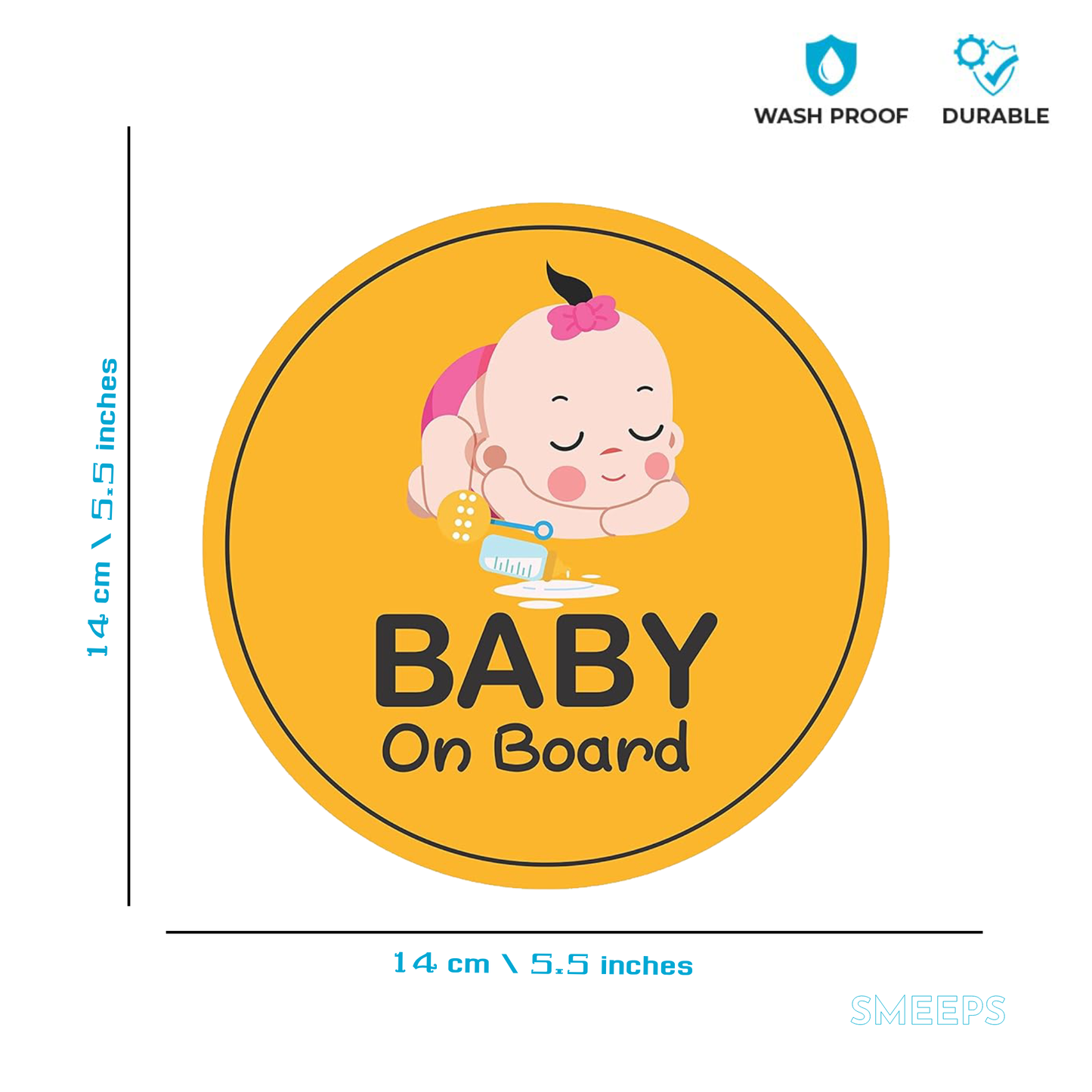 Smeeps Baby On Board Sticker – 14 x 14 cm Round Design with Cute Sleeping Baby & Bottle | Bright Yellow Safety Decal | Waterproof & Fade Resistant