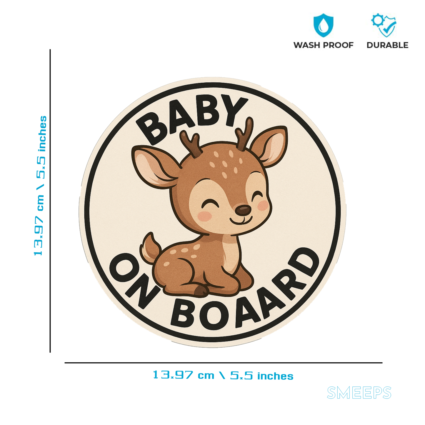 Smeeps Baby On Board Sticker – 13.97 x 13.97 cm Round | Cute Cartoon Deer Design | Neutral Cream Car Safety Sign