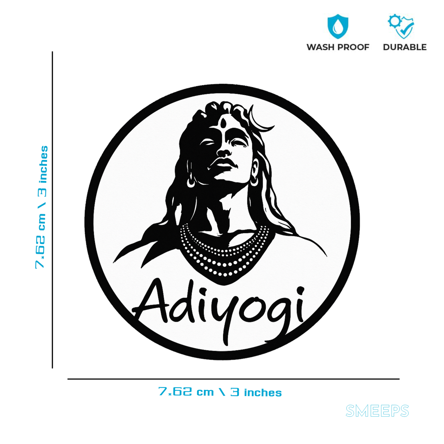 Smeeps Adiyogi Car Sticker – Minimalist Shiva Design – 7.62 x 7.62 cm | Circular Vinyl Decal for Cars