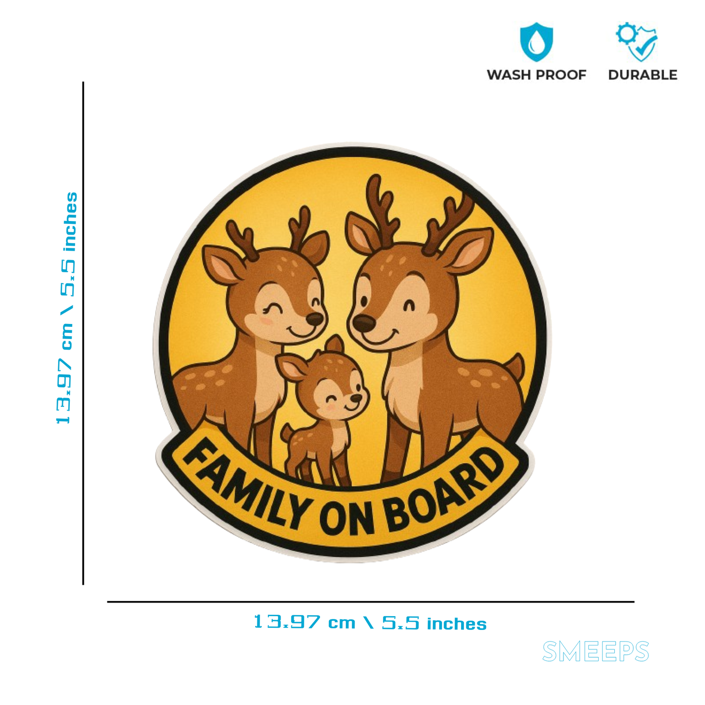 Smeeps “Family On Board” Car Sticker – Cute Deer Family Design – 13.97 x 13.97 cm | Animal Car Safety Sign for Kids & Parents