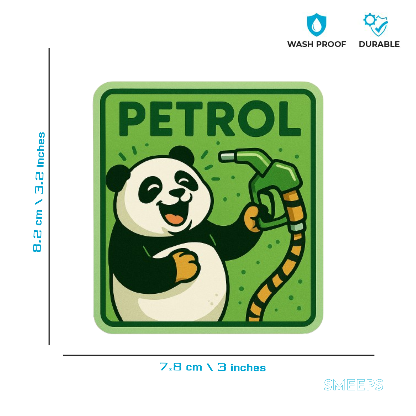 Smeeps Happy Petrol Panda Sticker – 8.2 x 7.8 cm Cute Green Fuel-Themed Car Decal with Cartoon Panda & Nozzle | Waterproof Vinyl for Petrol Vehicles Only