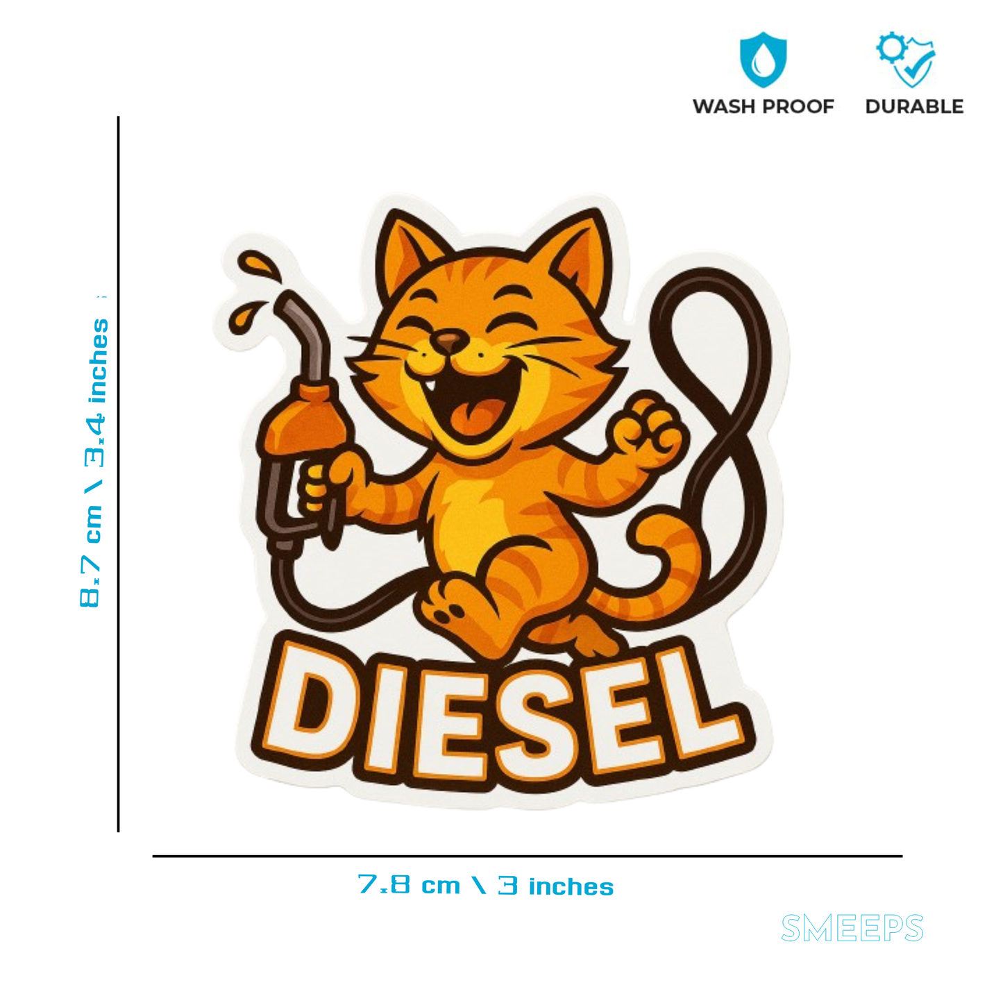 Smeeps Laughing Diesel Cat Sticker – 8.7 x 7.8 cm Fun Fuel-Themed Car Decal with Playful Orange Cat & Nozzle Design | Waterproof Vinyl for Cars Only