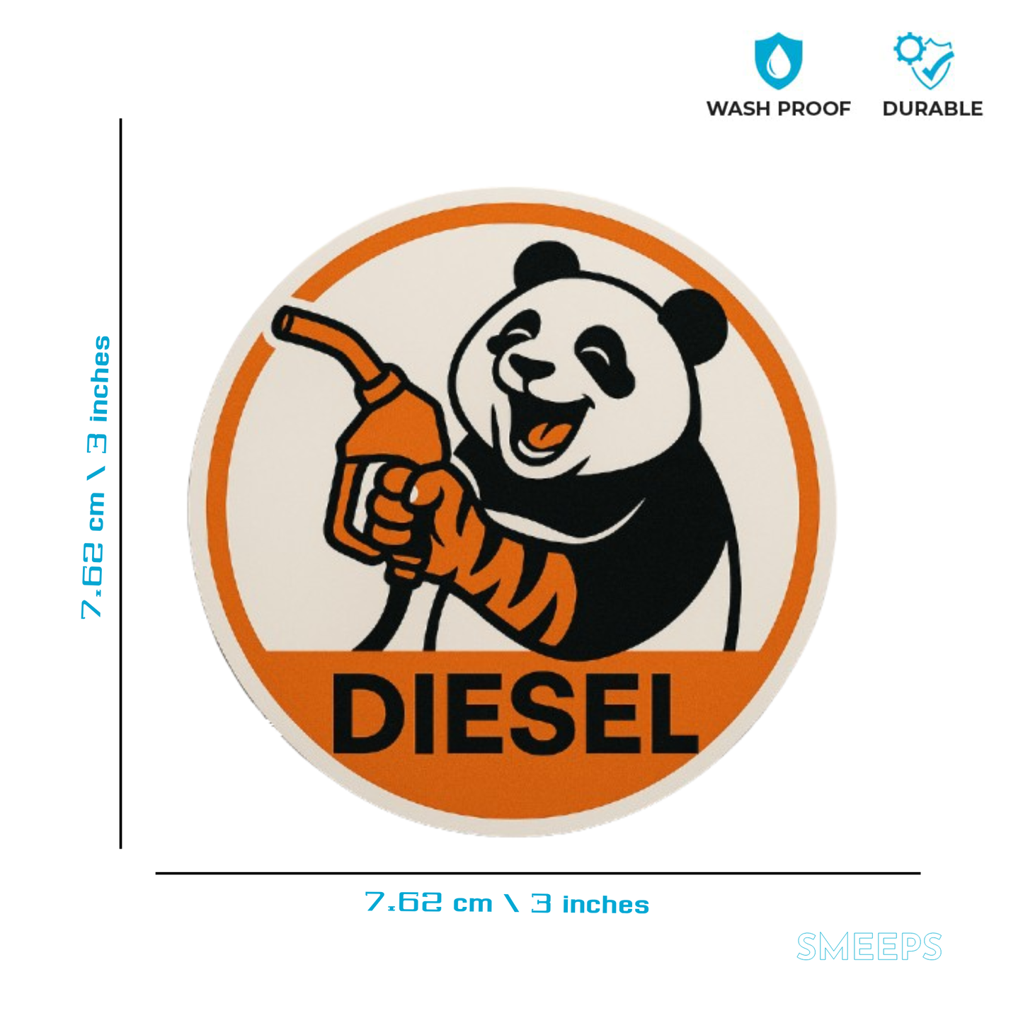 Smeeps Laughing Diesel Panda Sticker – 7.62 x 7.62 cm Round Fuel-Themed Car Decal with Smiling Cartoon Panda & Nozzle Design | Waterproof Vinyl for Cars Only