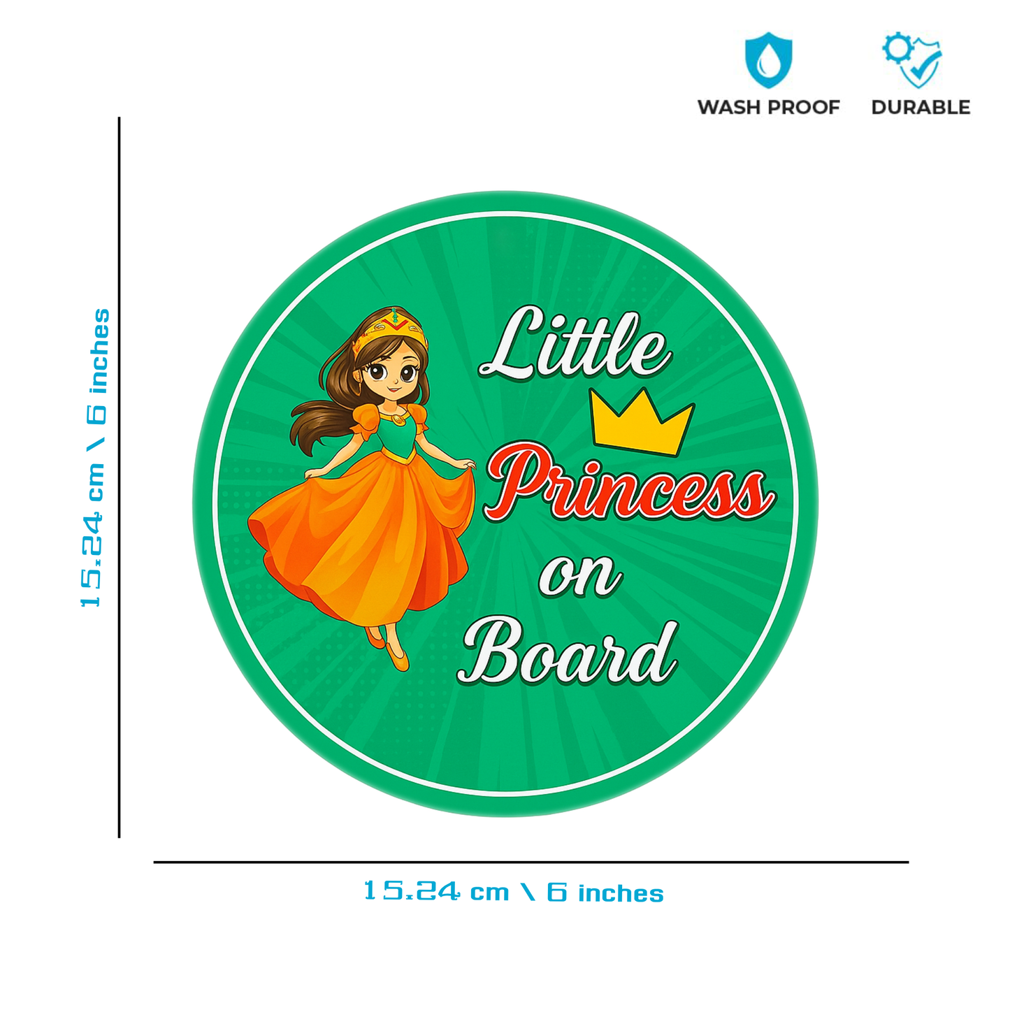 Smeeps Little Princess On Board Sticker – 15.24 cm Round | Cute Cartoon Princess with Crown & Dress | Green Car Safety Sign for Kids