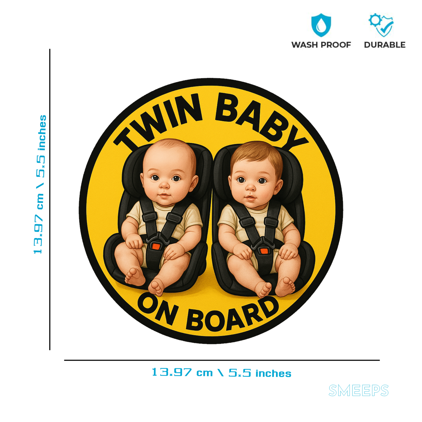 Smeeps Twin Baby on Board Sticker – 13.97 x 13.97 cm | Realistic Car Seat Design for Twin Boys or Girls
