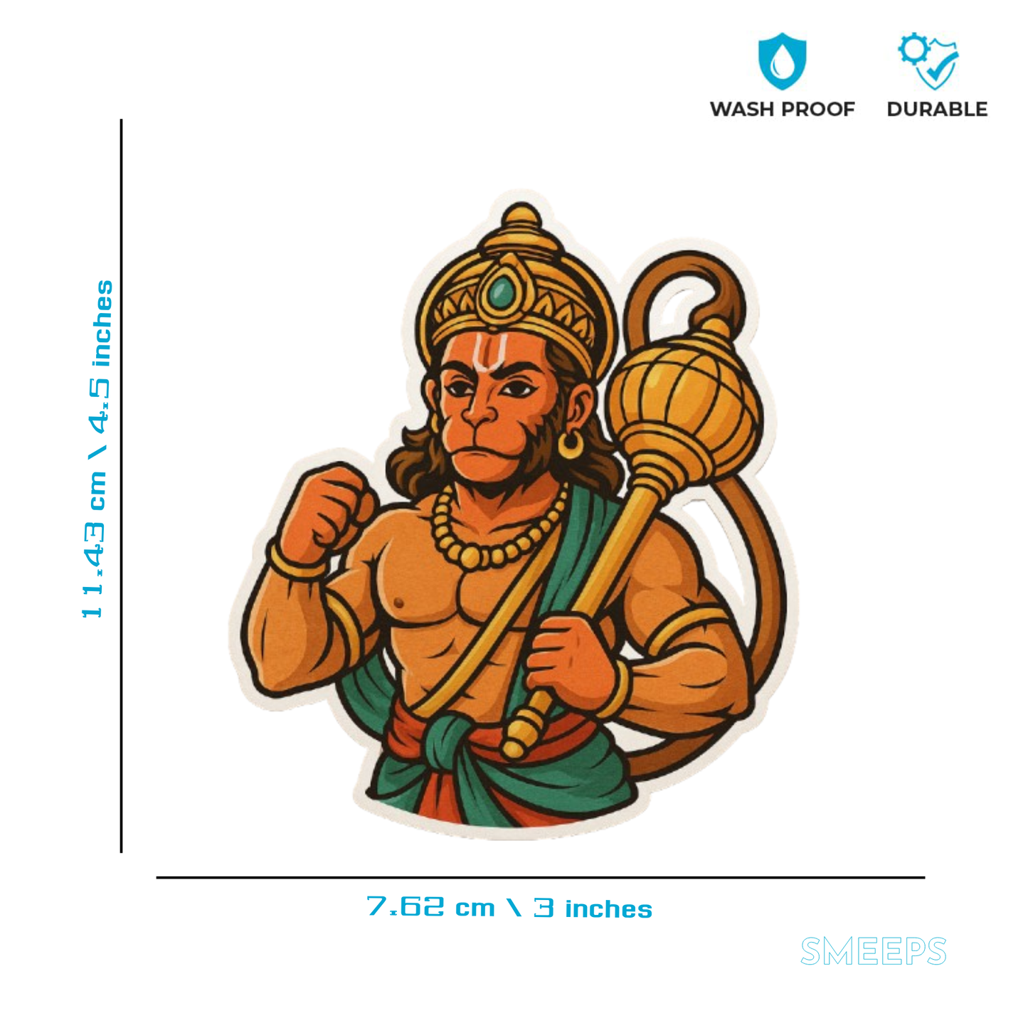 Hanuman Ji Warrior Pose Sticker – H: 15.24 cm x W: 11.43 cm | Bold Devotional Vinyl Decal for Car & Bike