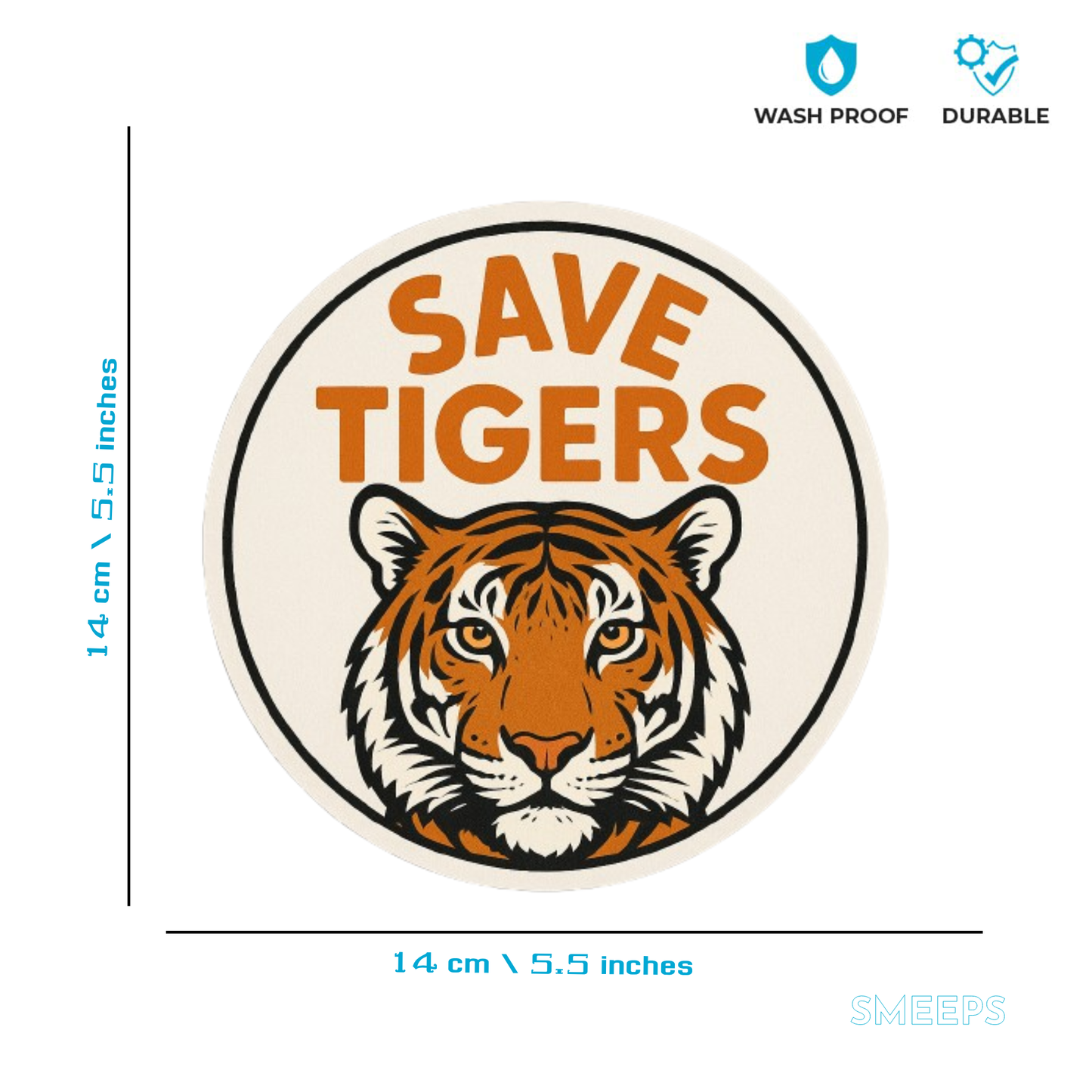 Smeeps Save Tigers Round Sticker | 14 x 14 cm | Wildlife Awareness Vinyl Decal for Car