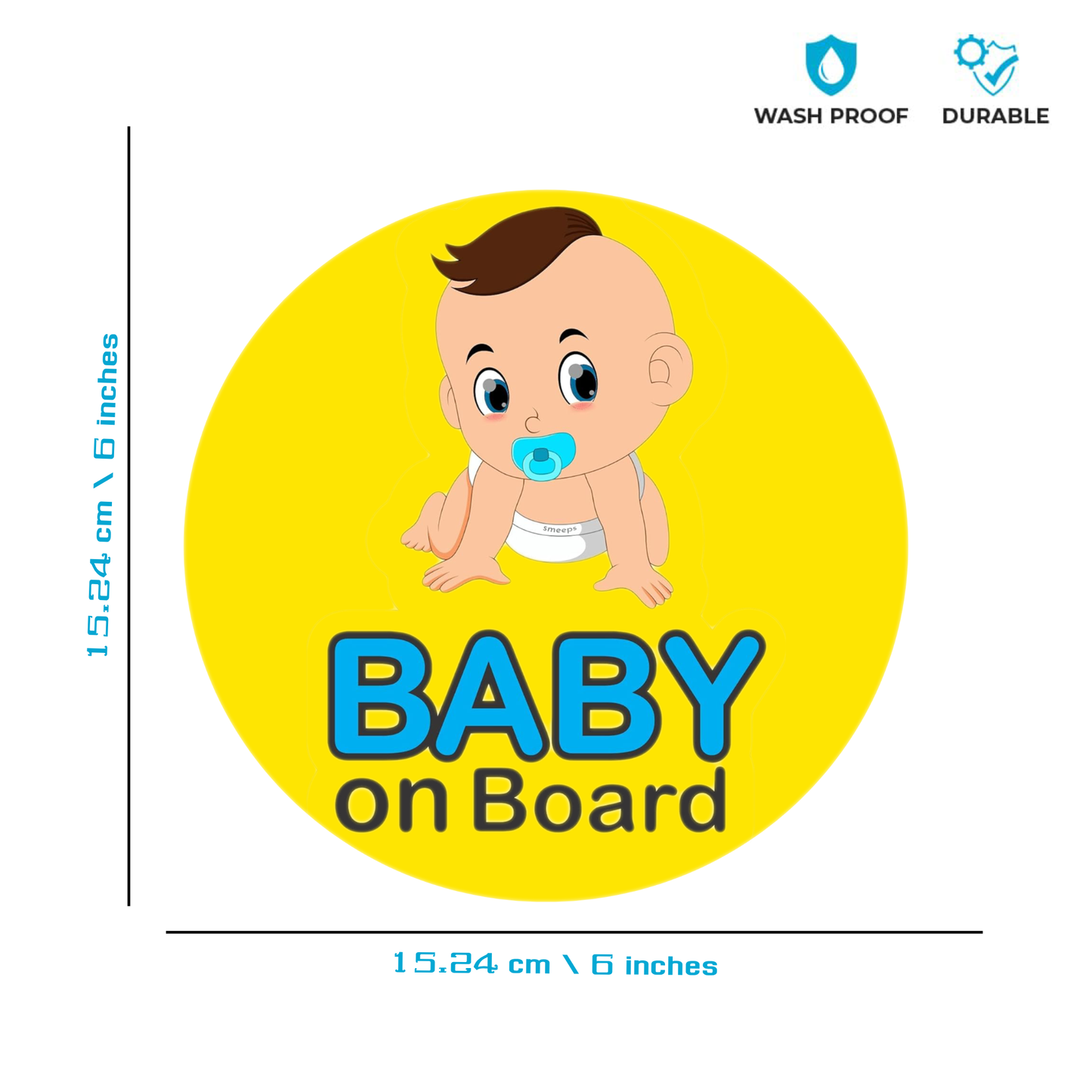 Smeeps Baby on Board Sticker – 15.24 cm Round | Cute Crawling Baby Boy Design | Yellow & Blue Waterproof Car Safety Sign