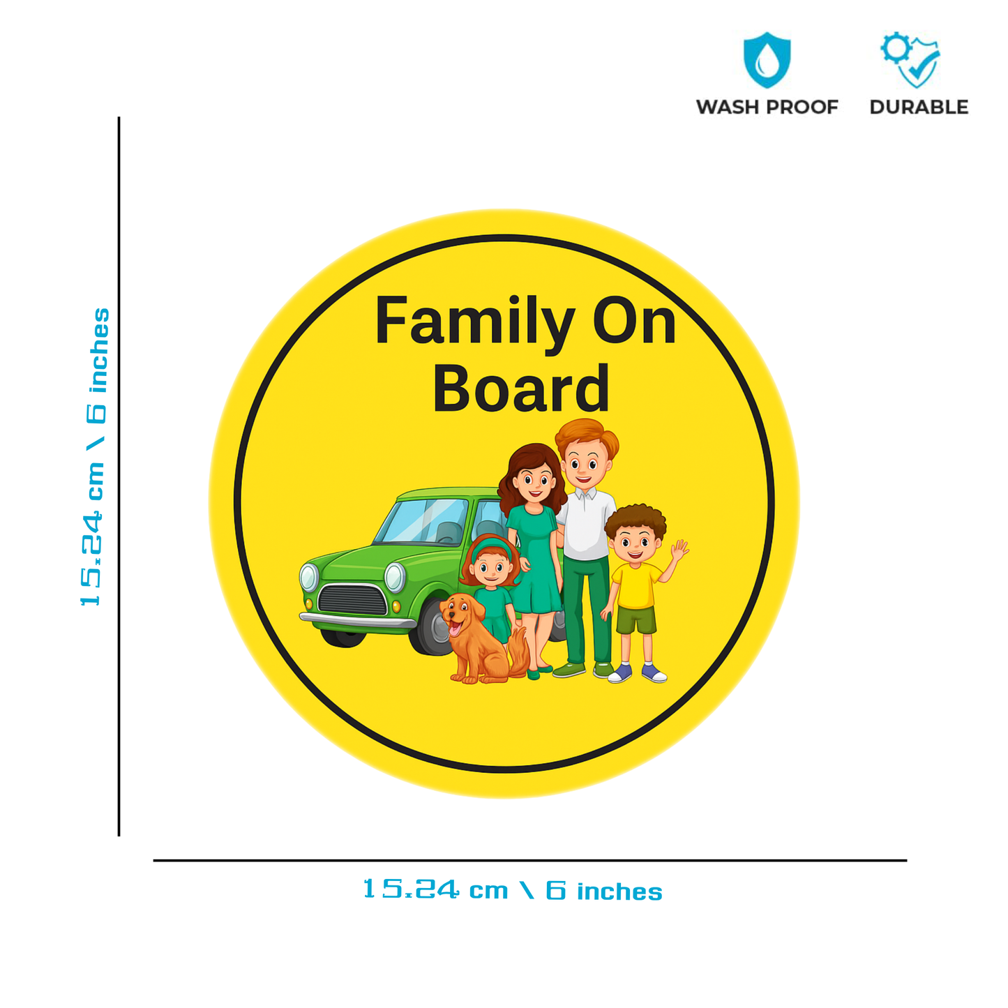 Smeeps Family On Board Sticker – 15.24 cm Round | Cartoon Family & Dog with Green Car | Bright Yellow Safety Sign for Vehicles