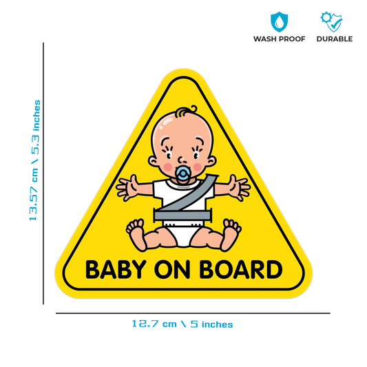 Pack of 2 | Smeeps Baby on Board Car Sticker, 13.57 x 12.07 cm Triangle, Bright Yellow Safety Decal with Cartoon Baby – Waterproof & Weatherproof for Rear Windows