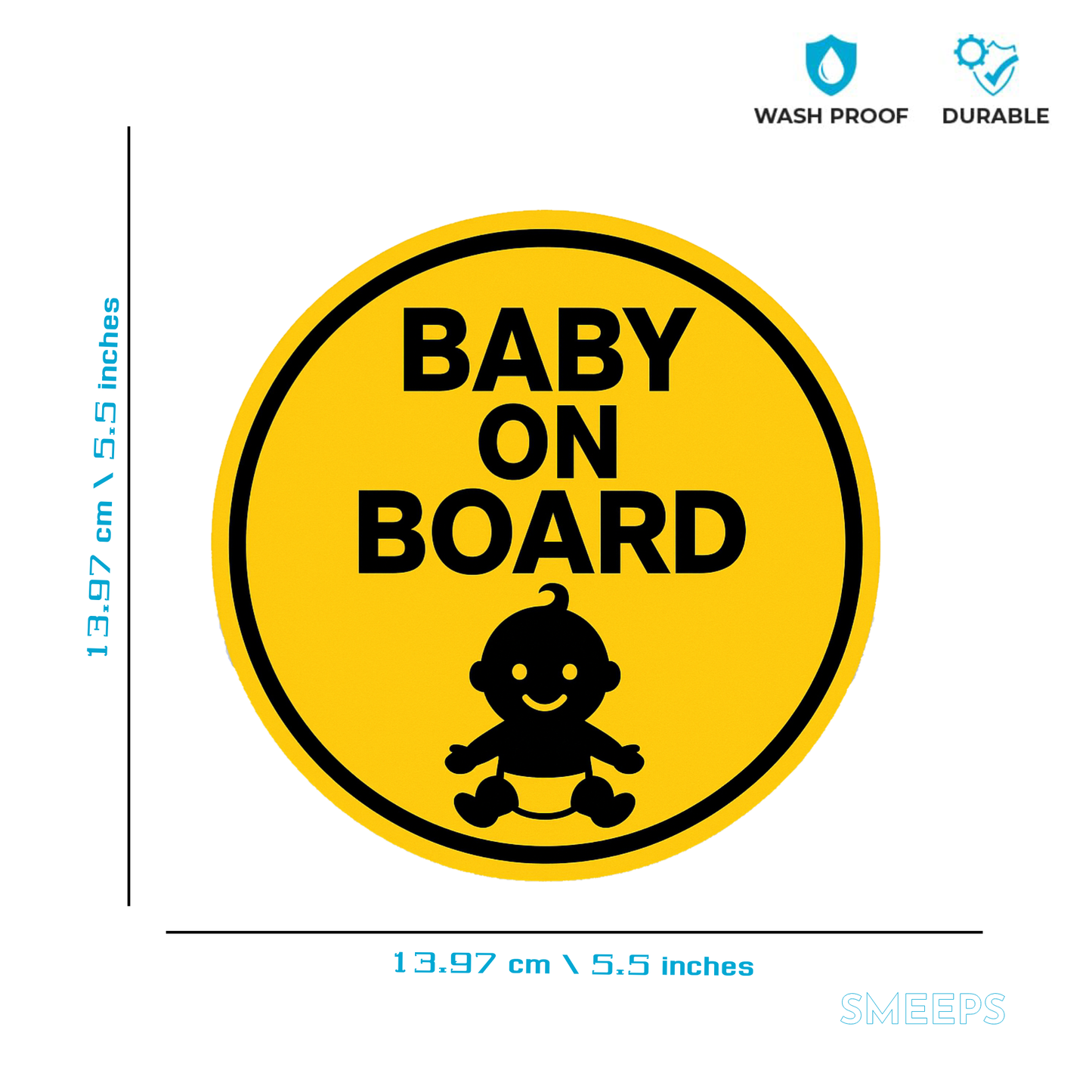 Smeeps Baby On Board Sticker – 13.97 x 13.97 cm Round | High-Contrast Silhouette Baby Design | Bold Yellow Waterproof Vinyl Car Sign
