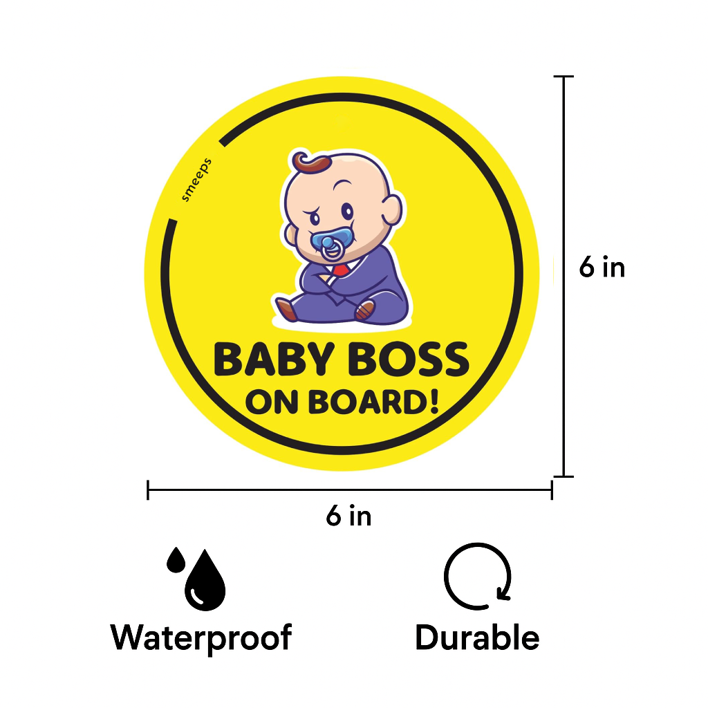 Pack of 2 | Smeeps Baby Boss on Board Car Sticker, 15.24 cm Round, Bold Yellow Safety Decal for Rear Windows – Waterproof & Weatherproof